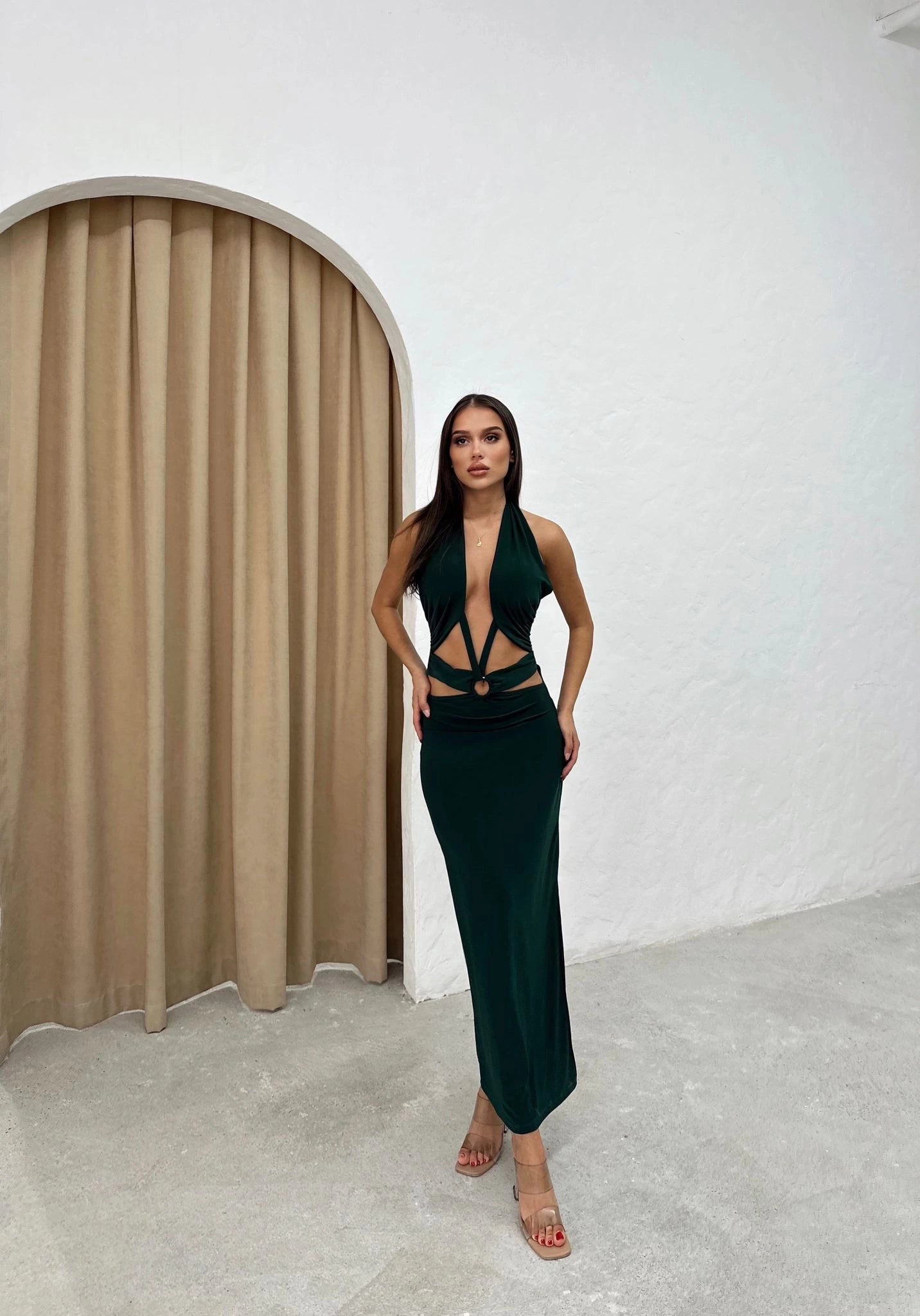 WAIST RING DETAIL LONG SLUTS DRESS GREEN