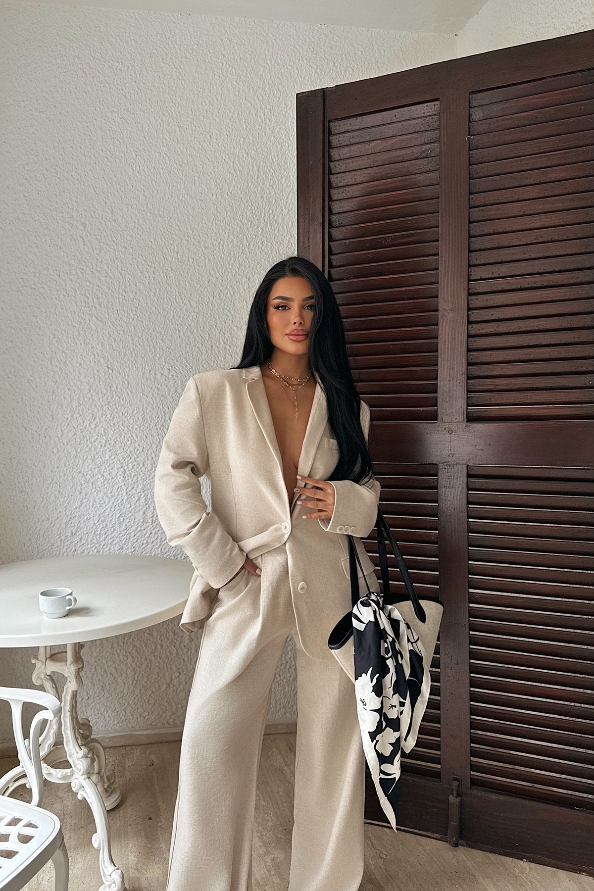 CREAM POCKET DETAIL DOUBLE BREASTED COLLAR SET ATE-2438