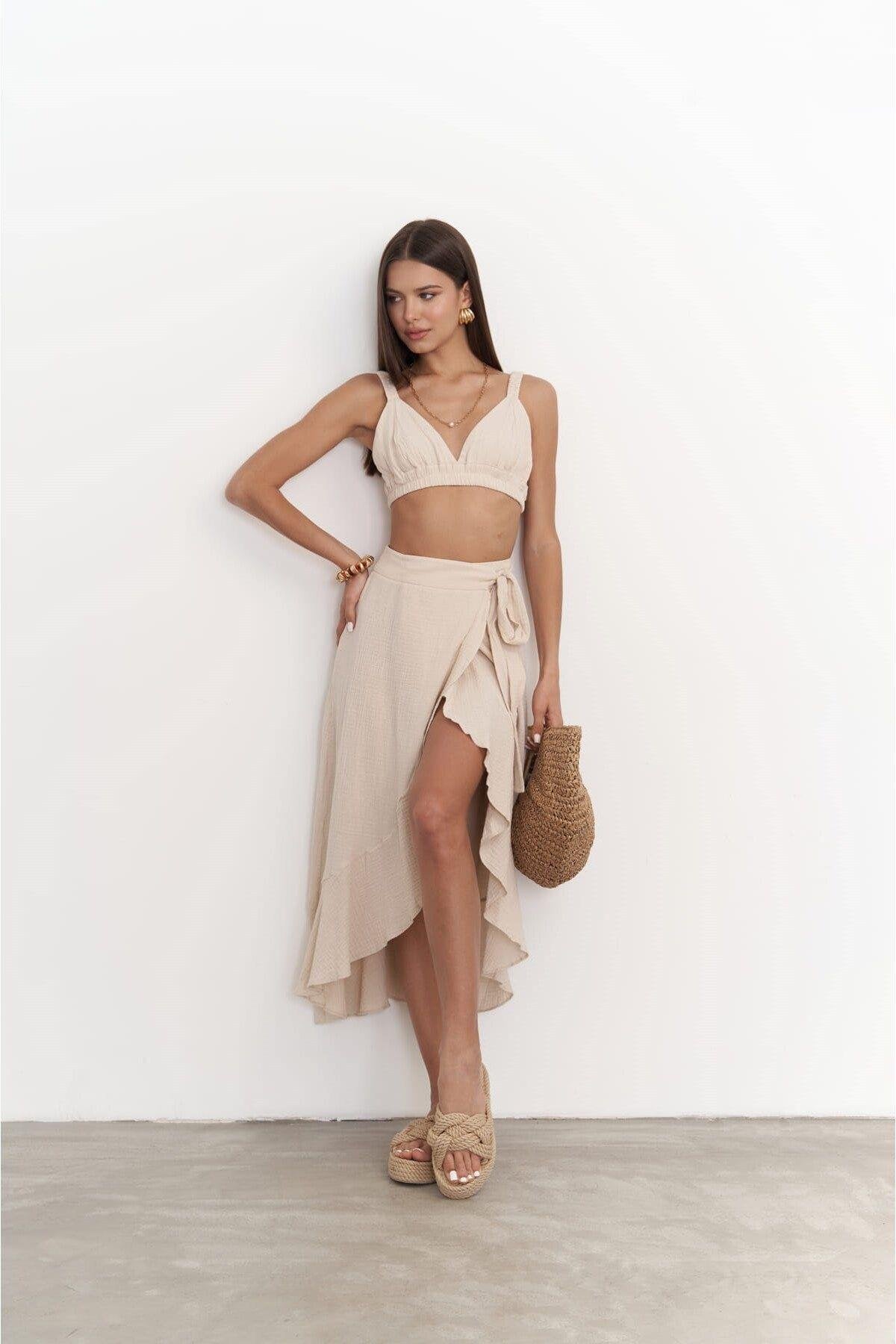Adelina Dark Beige Muslin Crop-Skirt Set