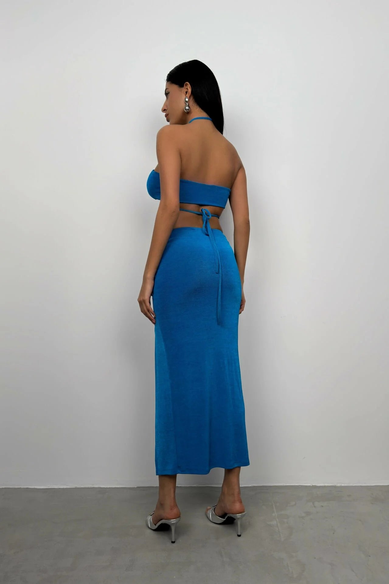 Lace-up Crop Gathered Blue Skirt Set