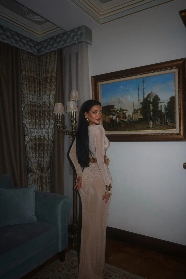 Beige Rose Detail Long Dress ATE-2298