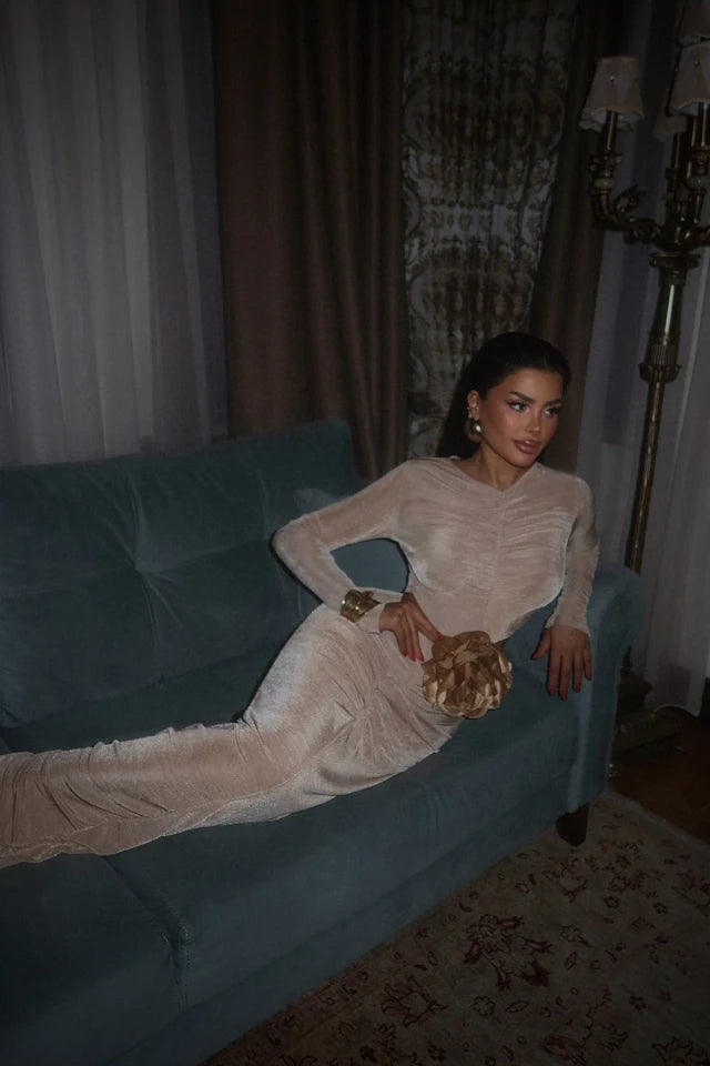 Beige Rose Detail Long Dress ATE-2298