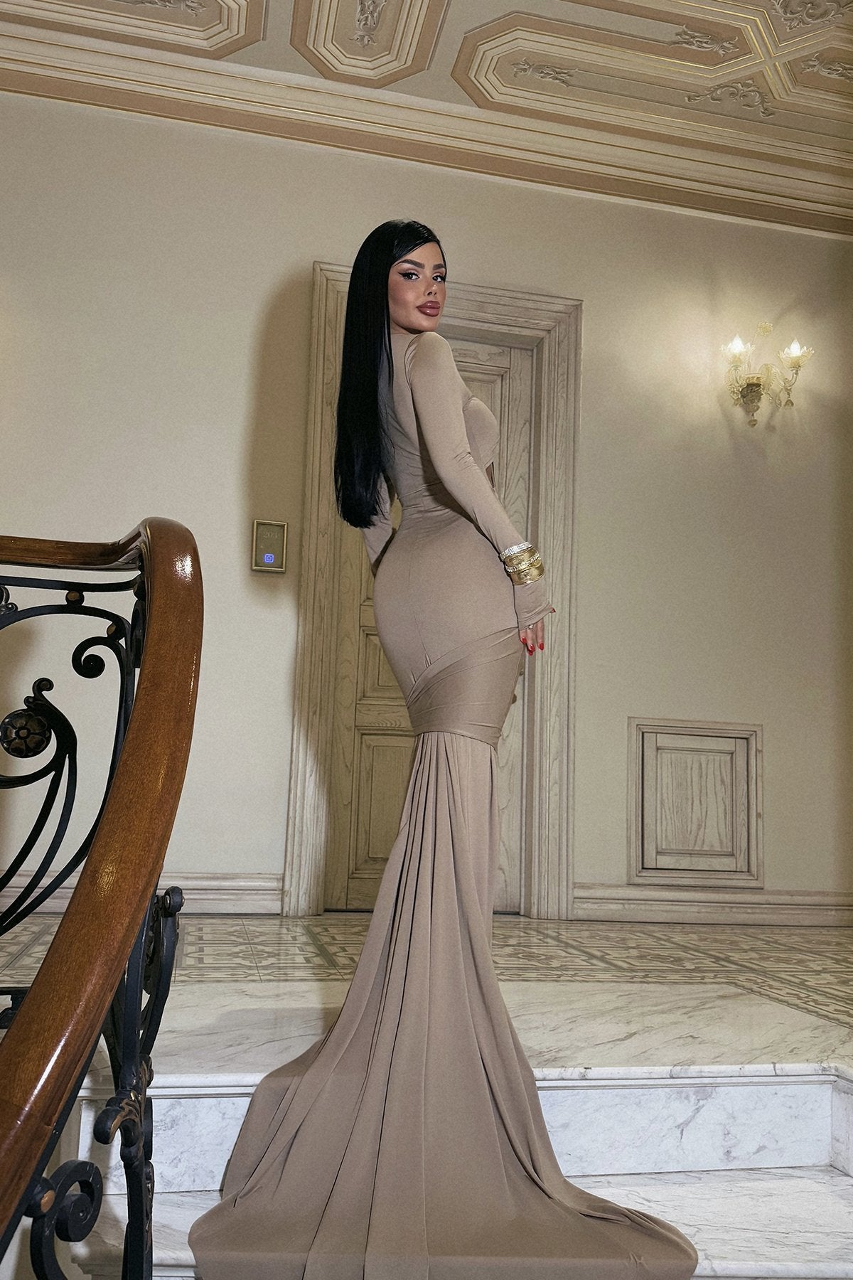 Beige Window Detail Long Dress ATE-2265