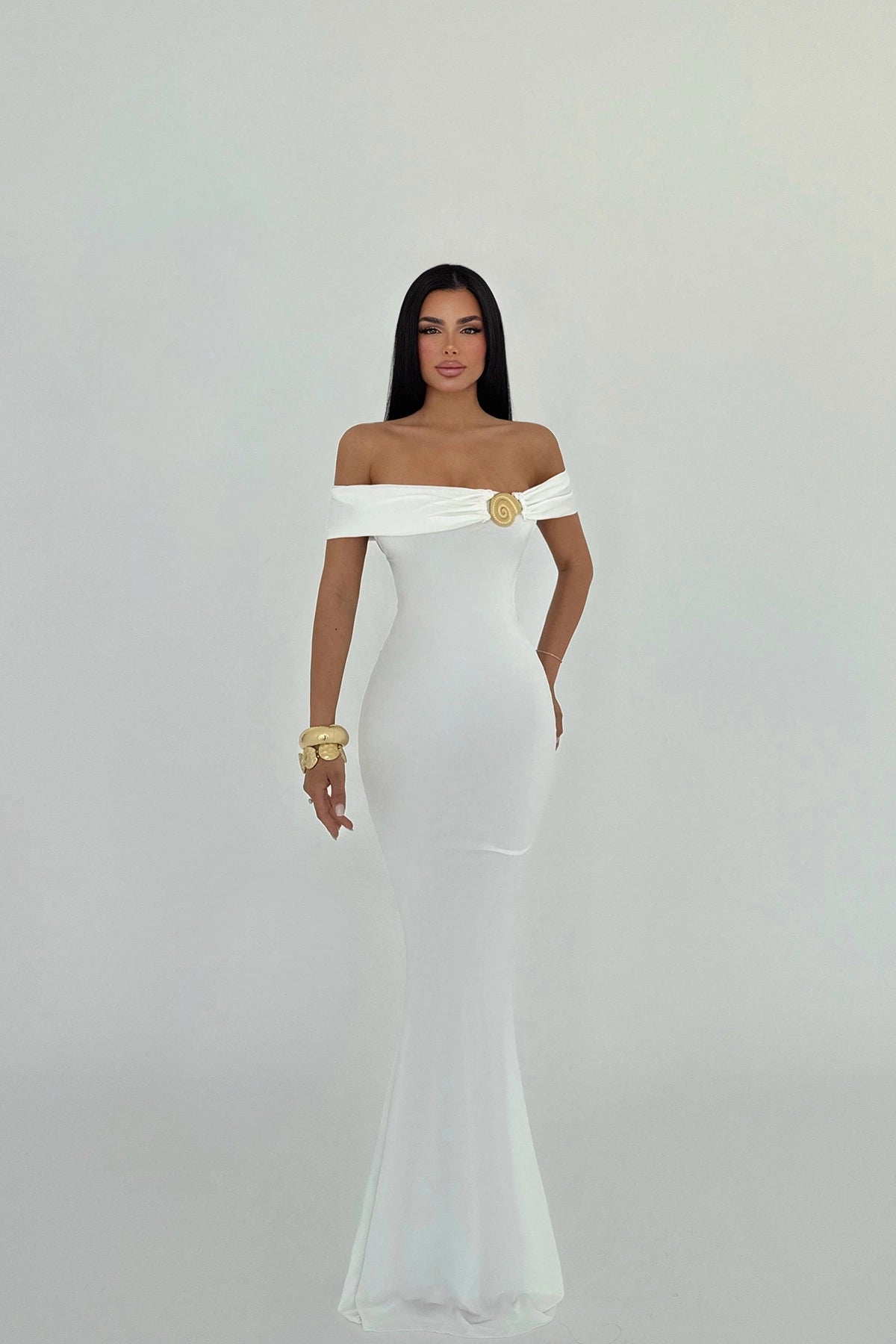 White Seridie Seashell Detail Long Dress ATE-2563