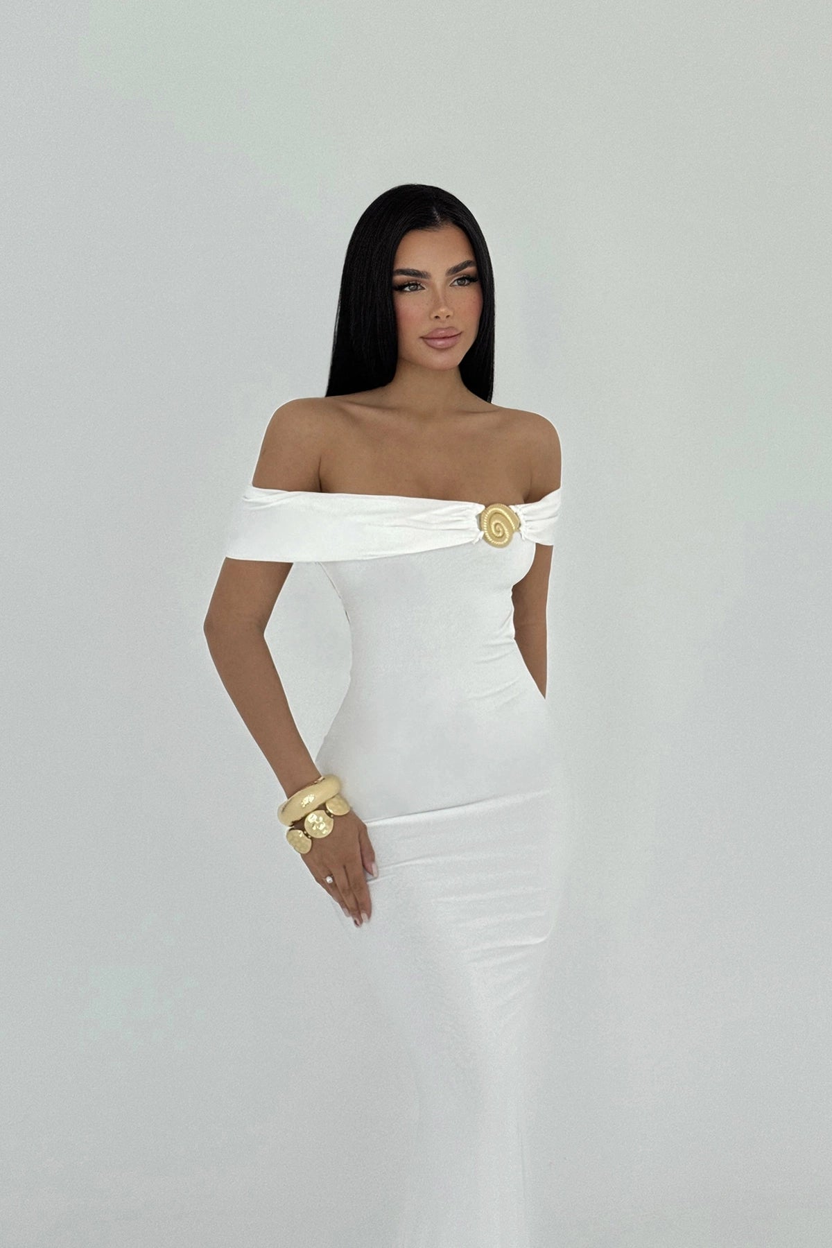 White Seridie Seashell Detail Long Dress ATE-2563