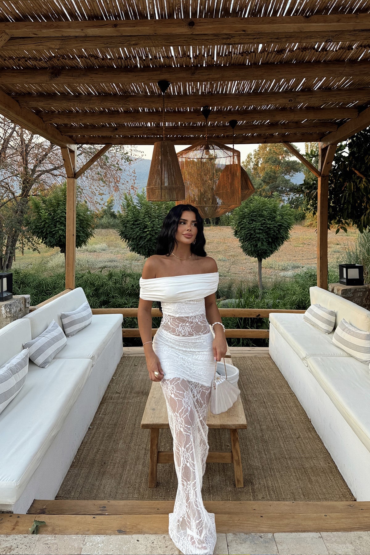 White Yelena Long Lace Dress