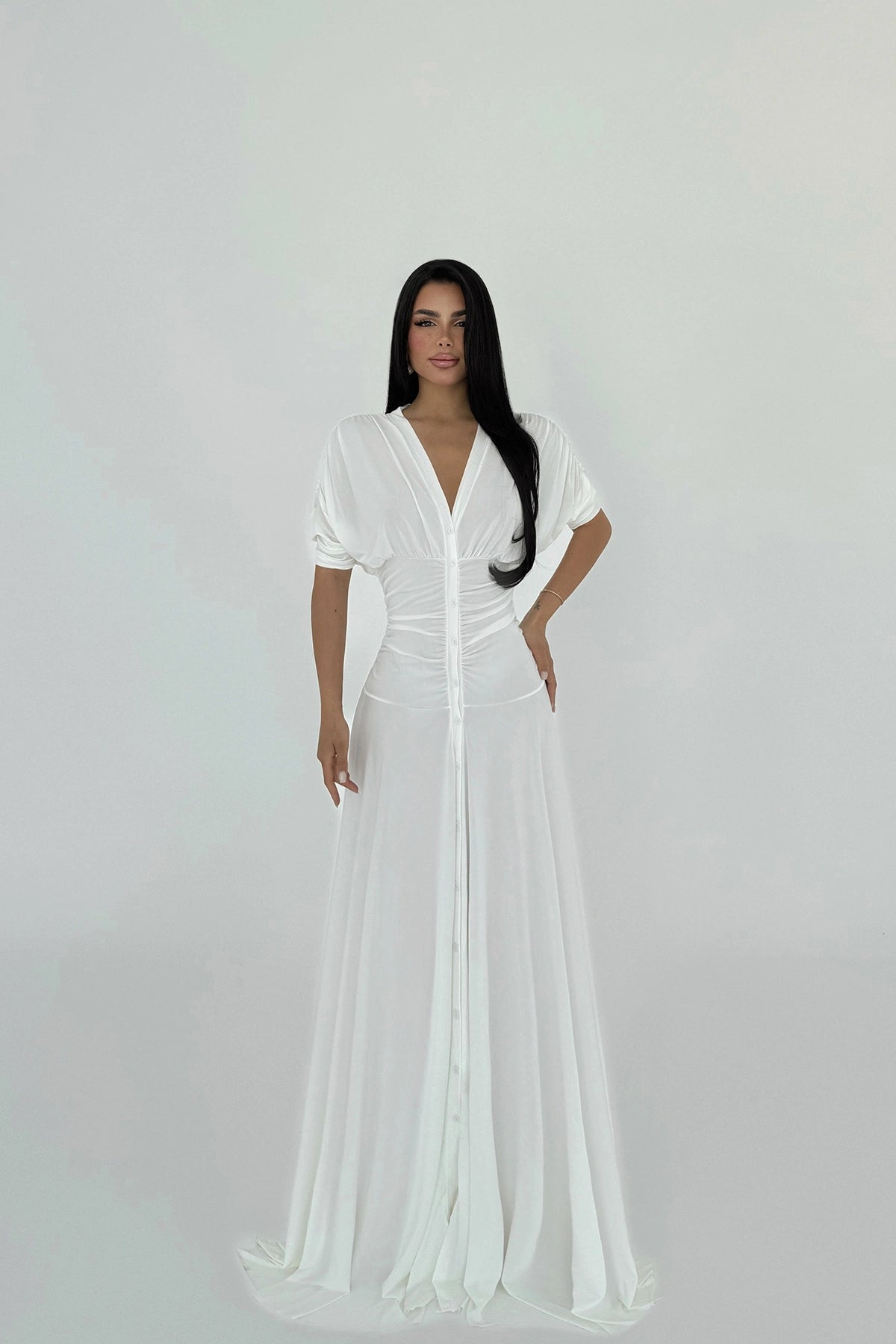 White Eliah Long Buttoned Dress ATE-2591