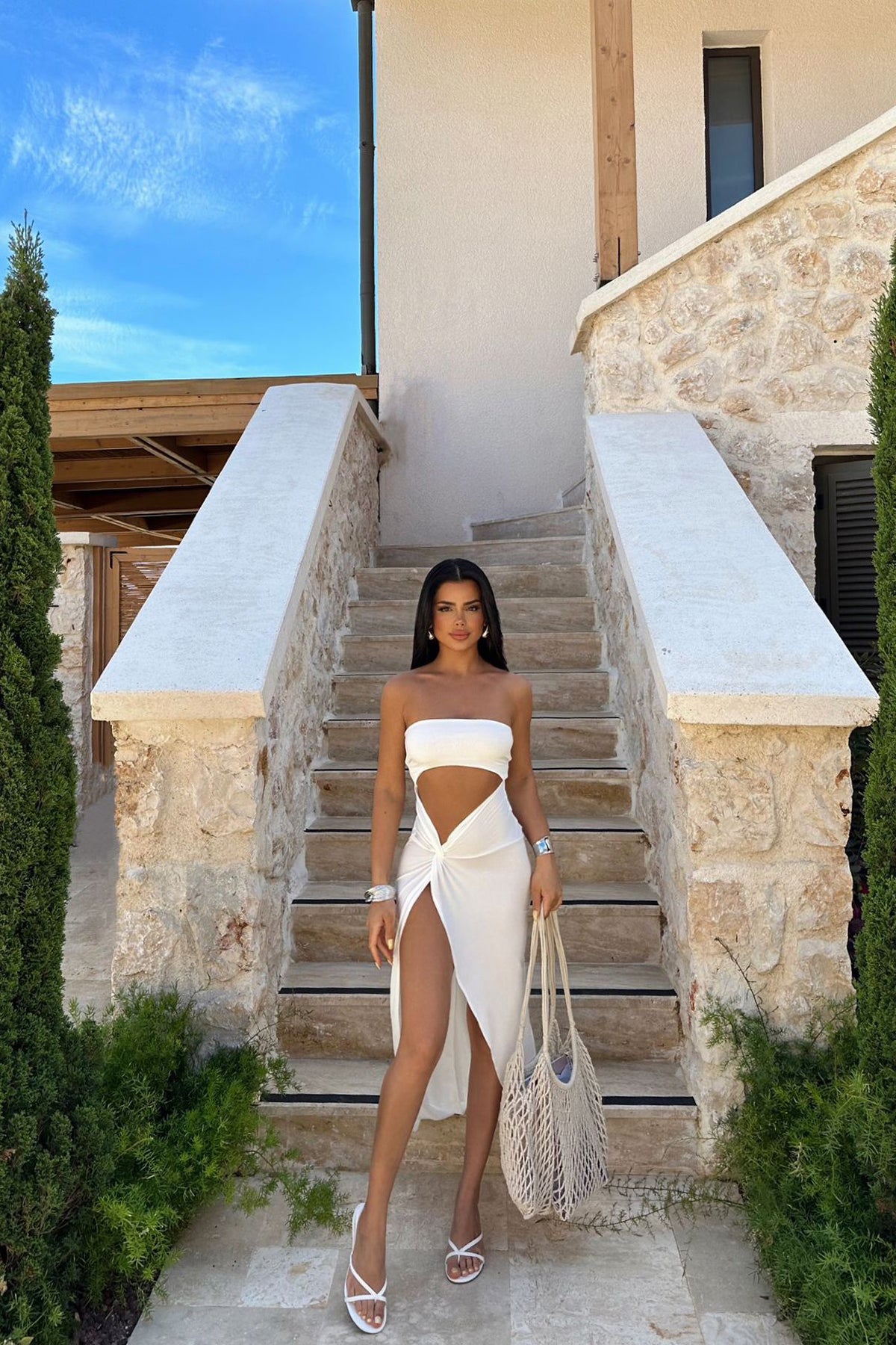 White Liana Asymmetrical Low Cut Dress ATE-0977