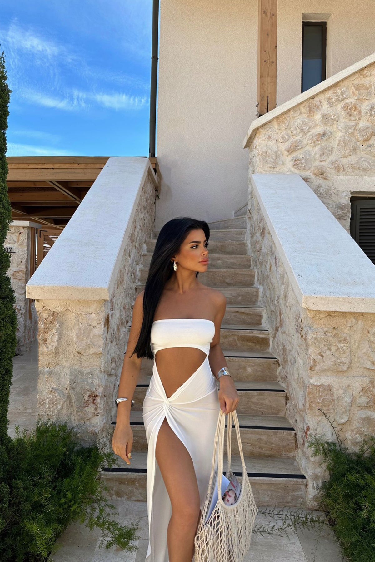 White Liana Asymmetrical Low Cut Dress ATE-0977