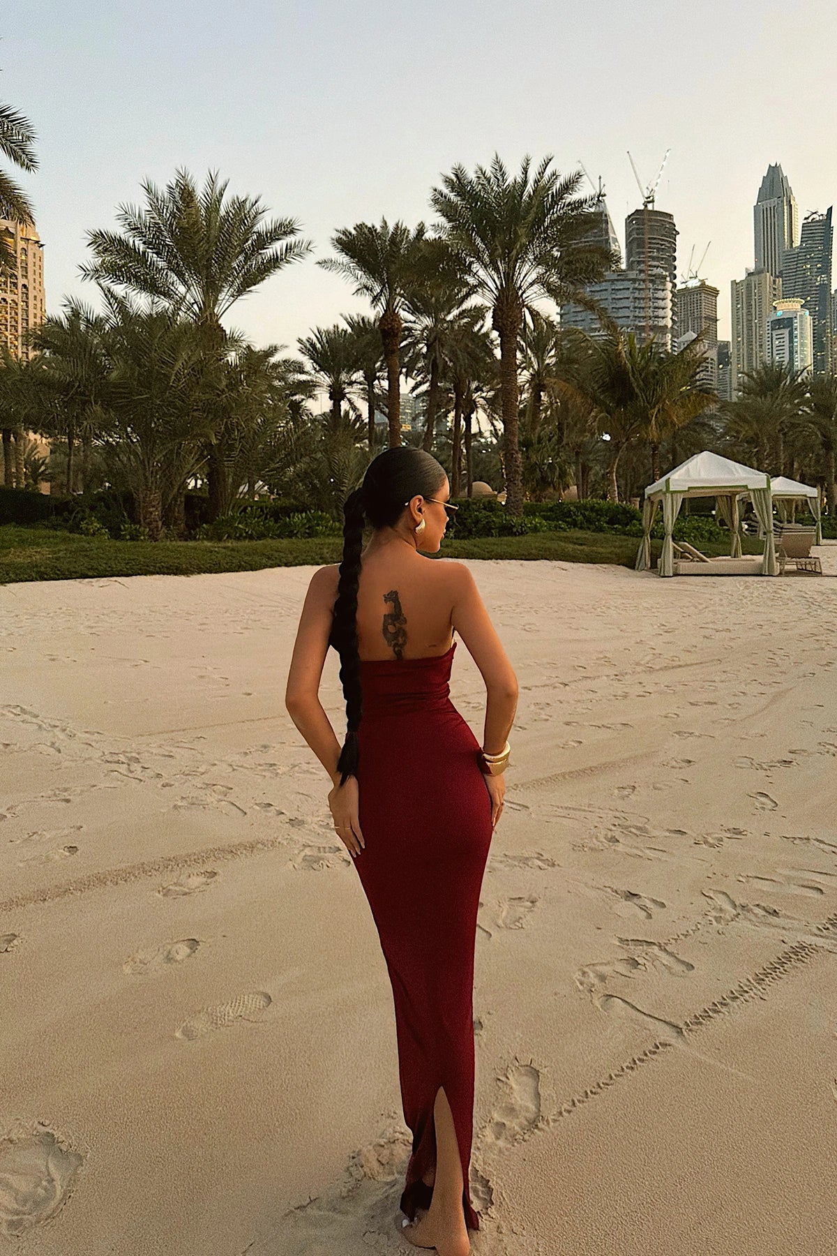 Burgundy Oleander Long Dress with Side Accessory Detail ATE-4697