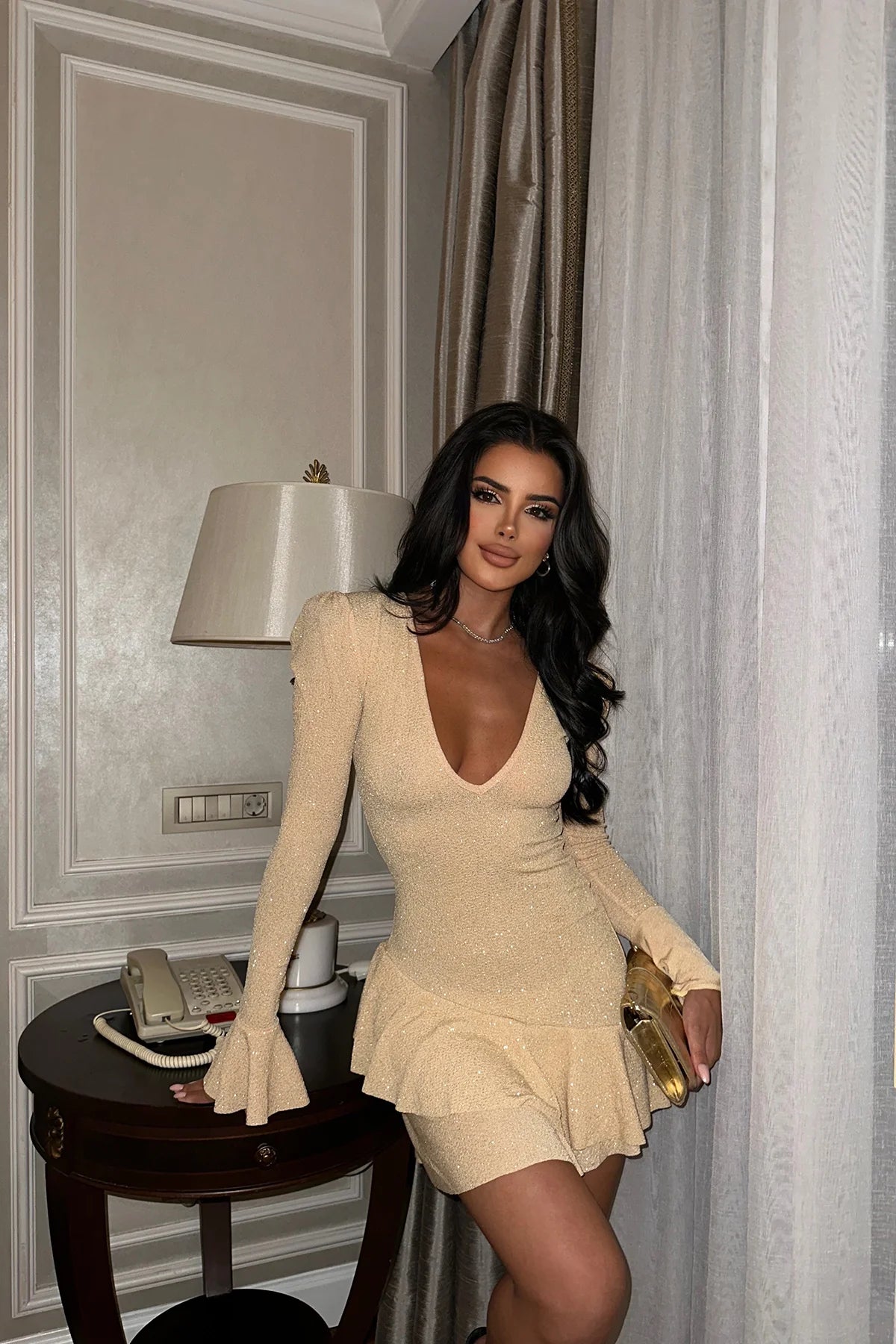 Gold STELLA V Neck Mini Dress ATE8219