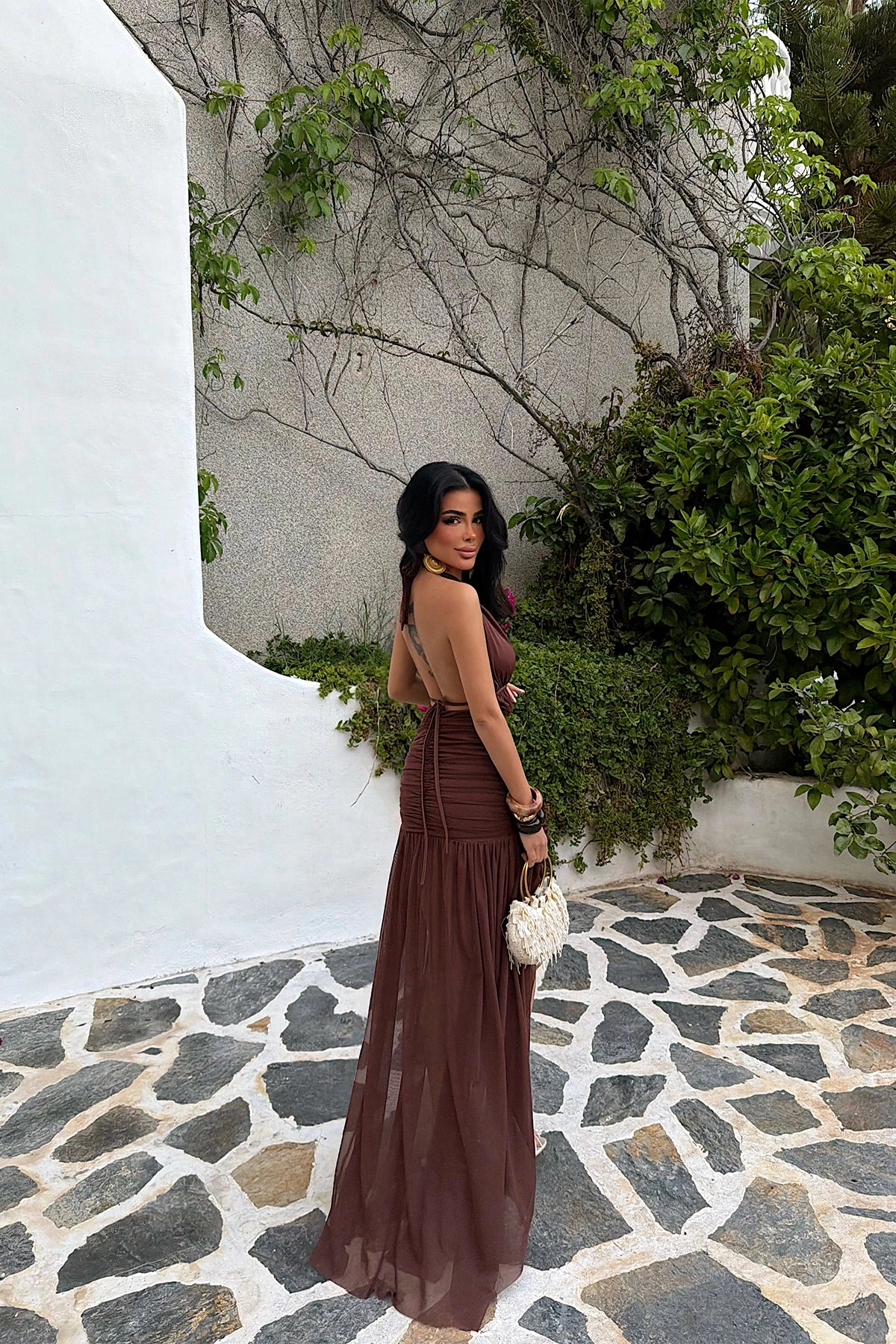 Brown Window Detail Long Dress ATE-5415 (PRE-ORDER)