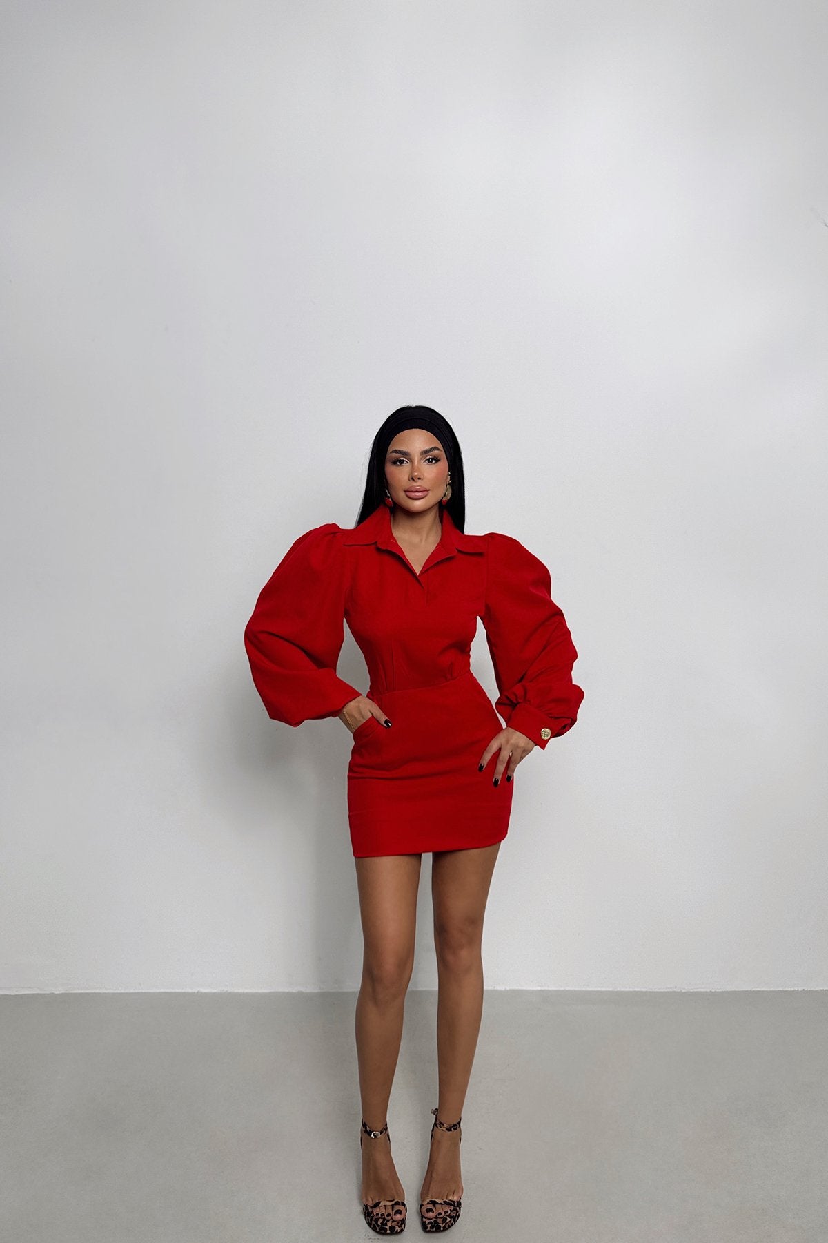 Red Renata Balloon Sleeve Dress ATE-2000
