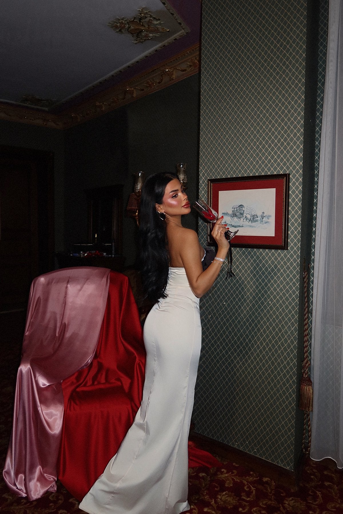 Cream Isadora Rose Detailed Long Satin Dress ATE-2307