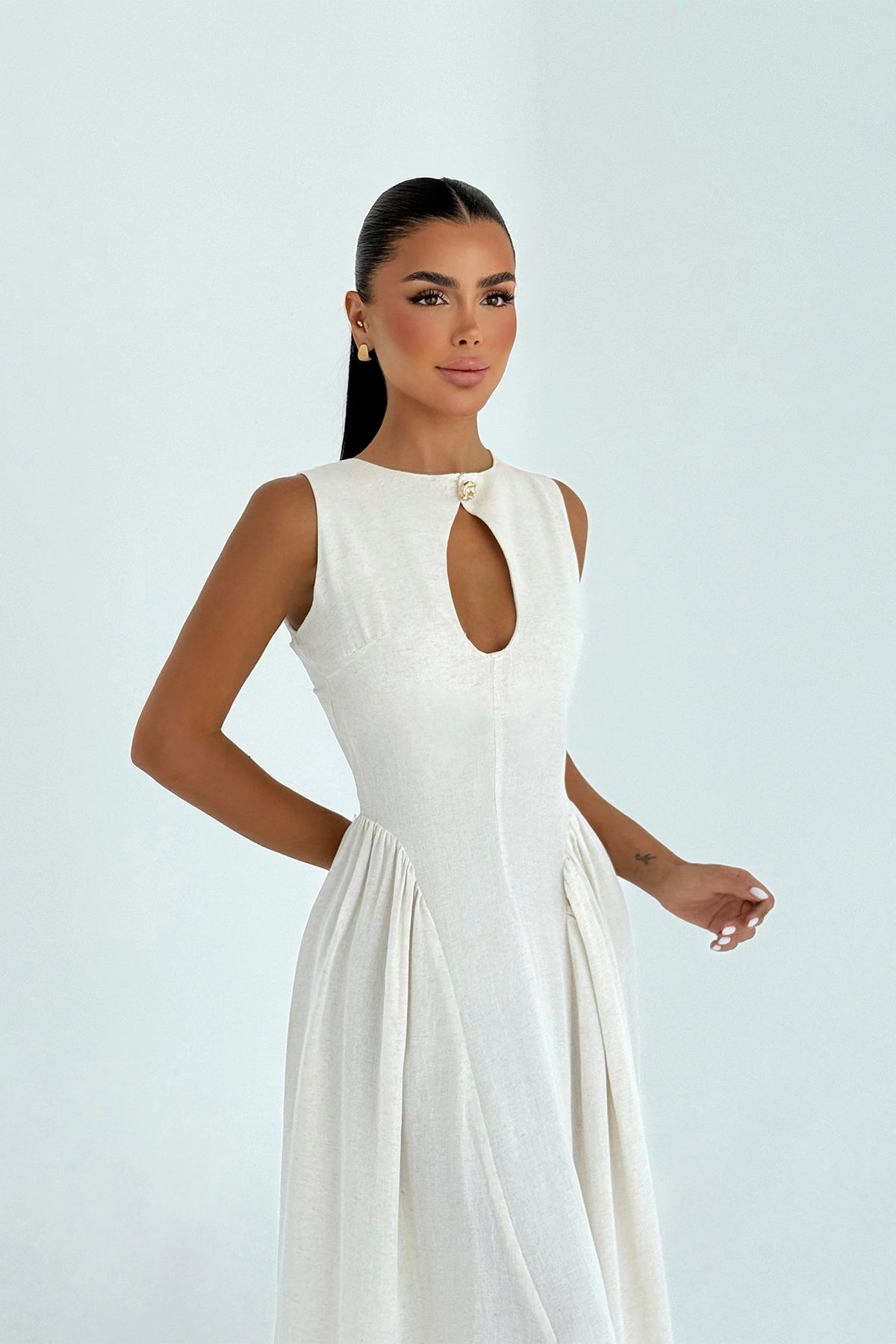 Cream Cecily Linen Long Dress ATE-3361