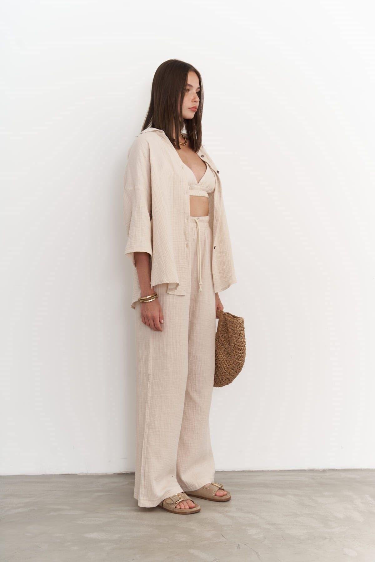 Reyna Dark Beige Muslin Three Piece Set