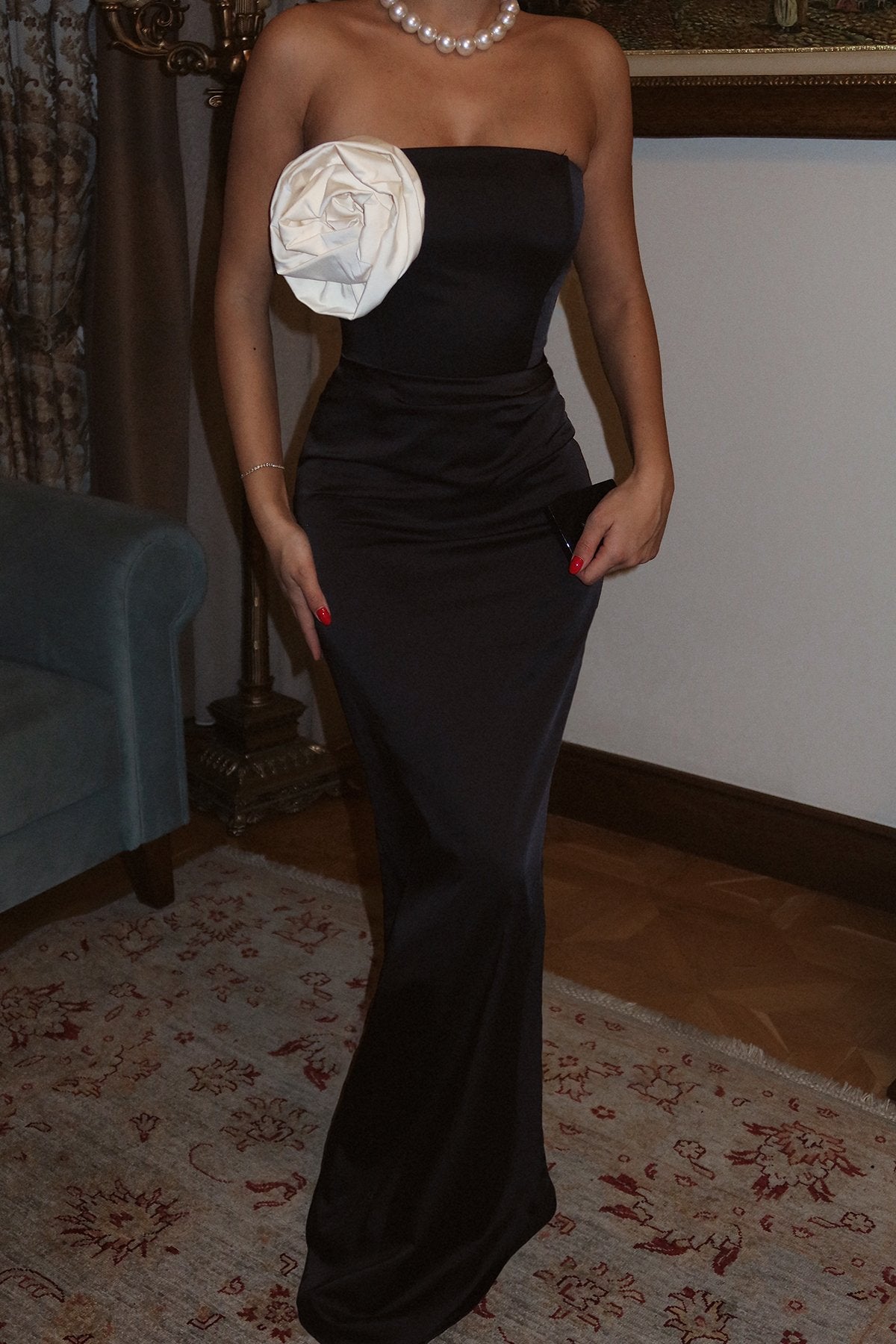 Black Rose Detail Strapless Dress ATE-2306