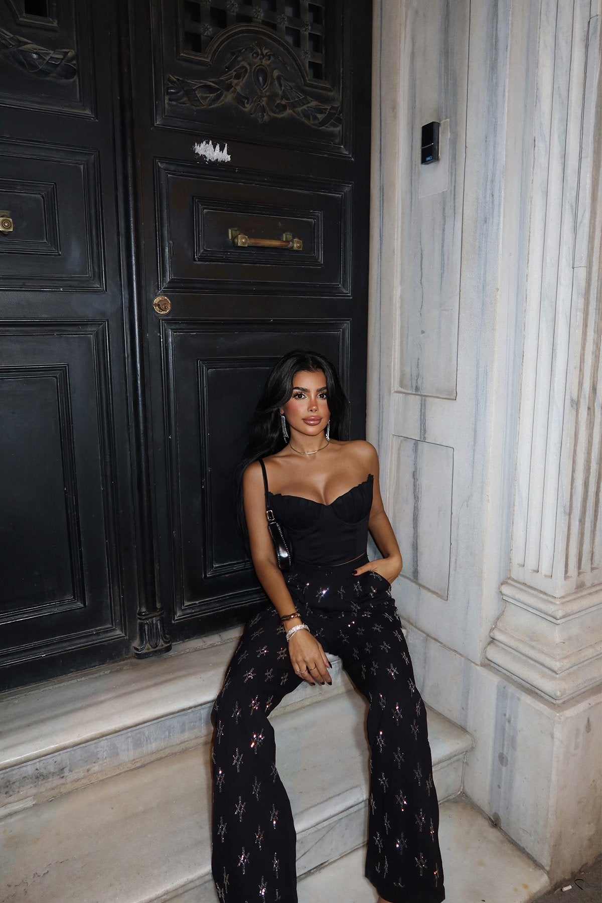Black Phila Stone Glitter Trousers ATE-1506