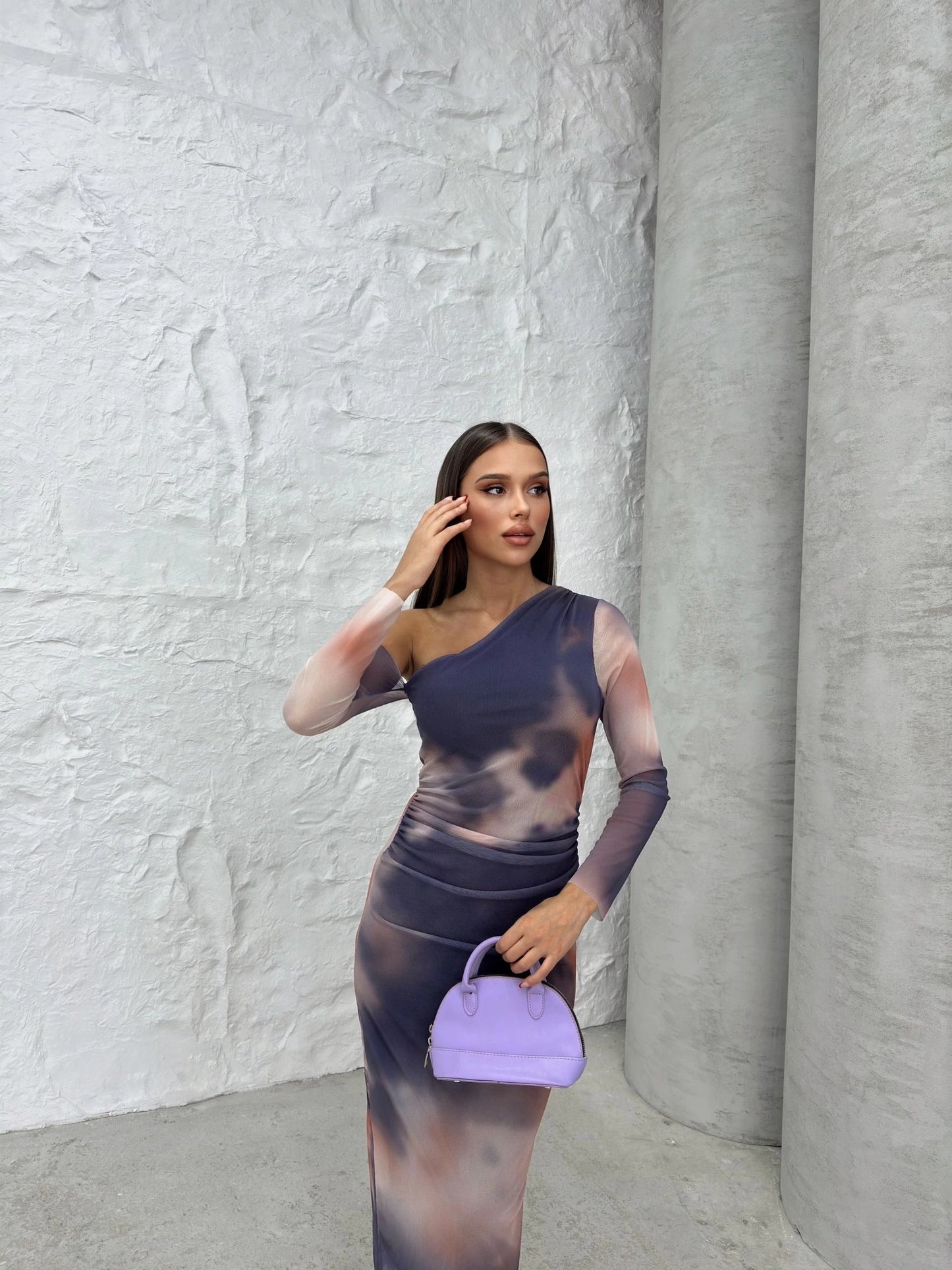 TULLE LINED PATTERNED SHOULDER DECOLLETE DETAIL LONG DRESS PURPLE