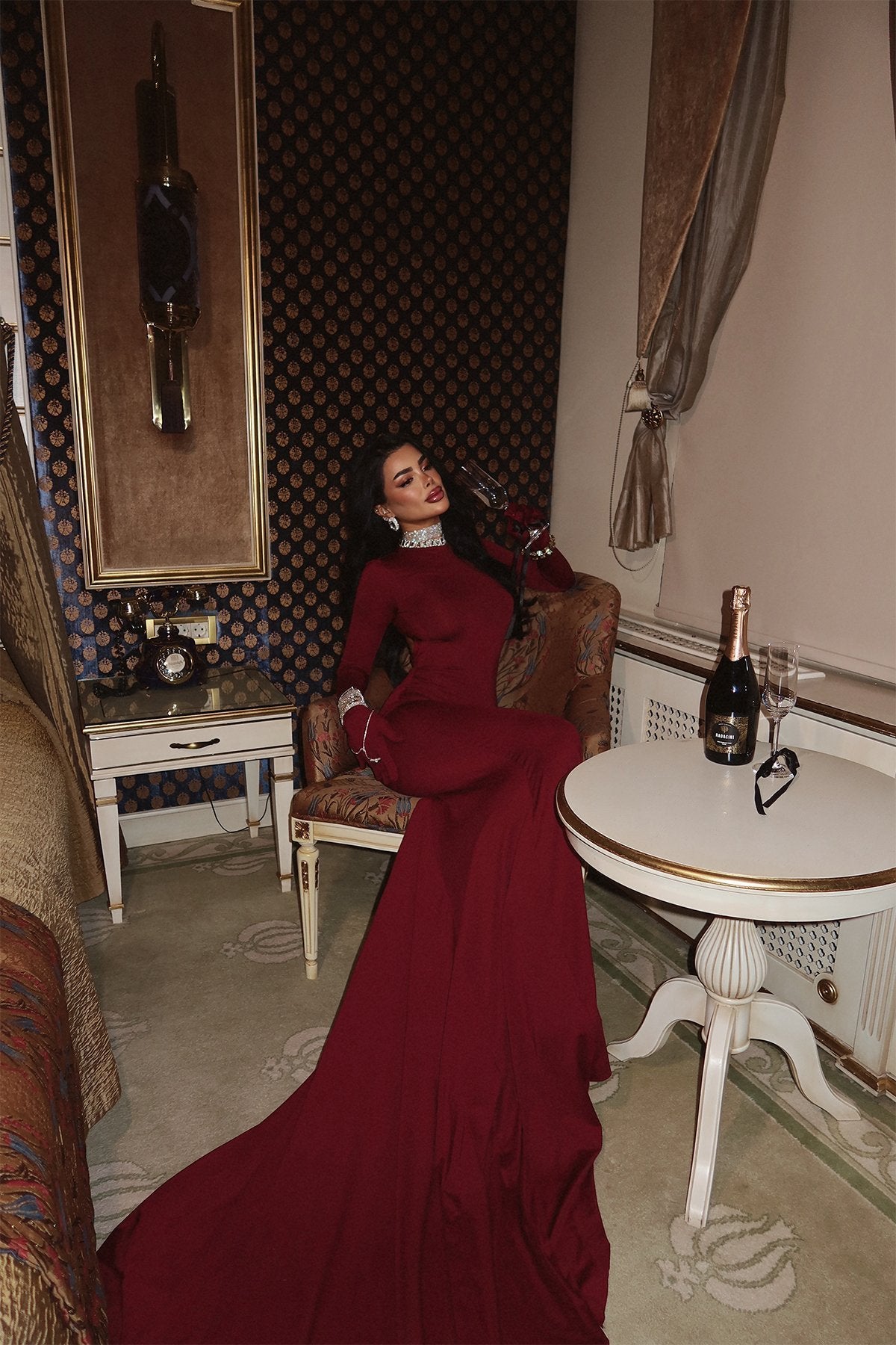 Cherry Maroon Maria Long Dress with Gloves and Backless ATE-2423