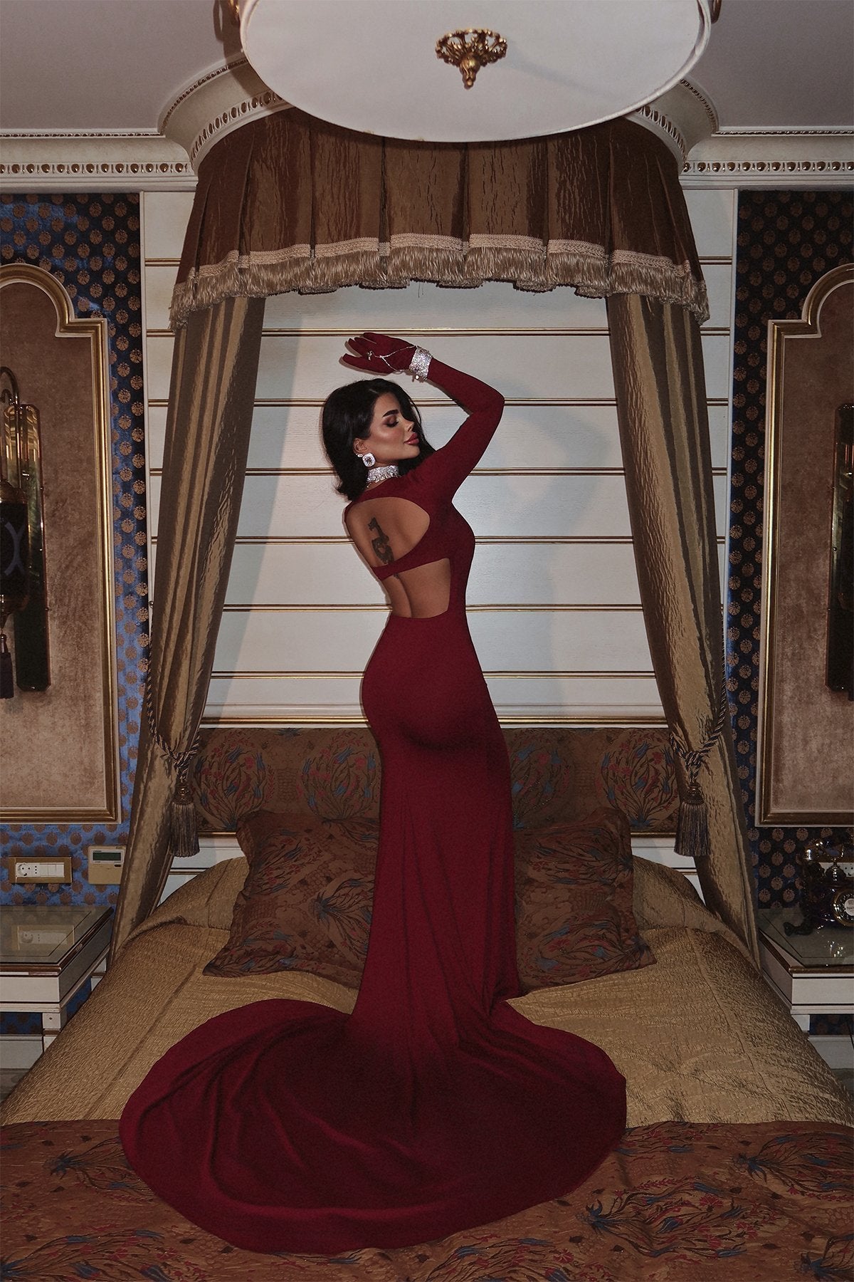 Cherry Maroon Maria Long Dress with Gloves and Backless ATE-2423