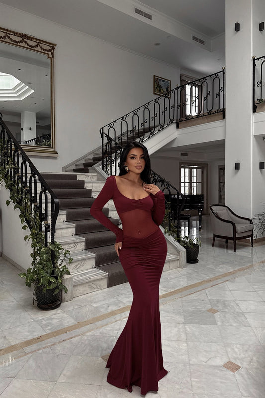 Cherry Maroon Transparent Front Long Dress ATE-2495