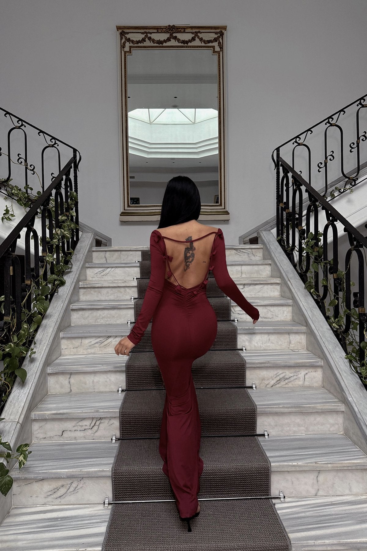 Cherry Maroon Transparent Front Long Dress ATE-2495