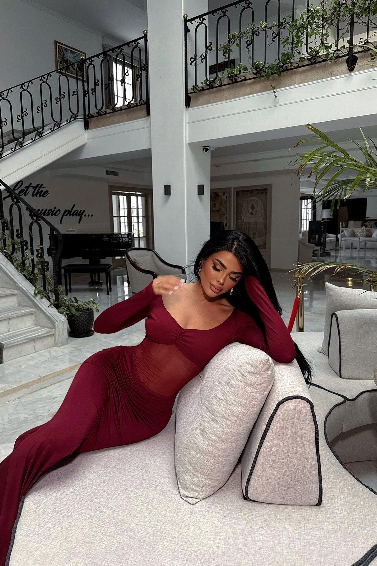 Cherry Maroon Transparent Front Long Dress ATE-2495