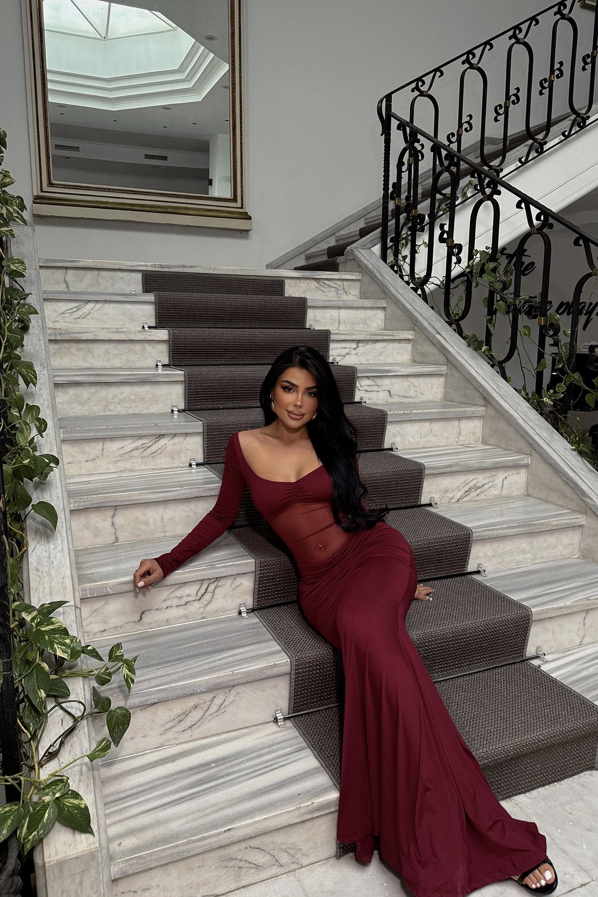 Cherry Maroon Transparent Front Long Dress ATE-2495