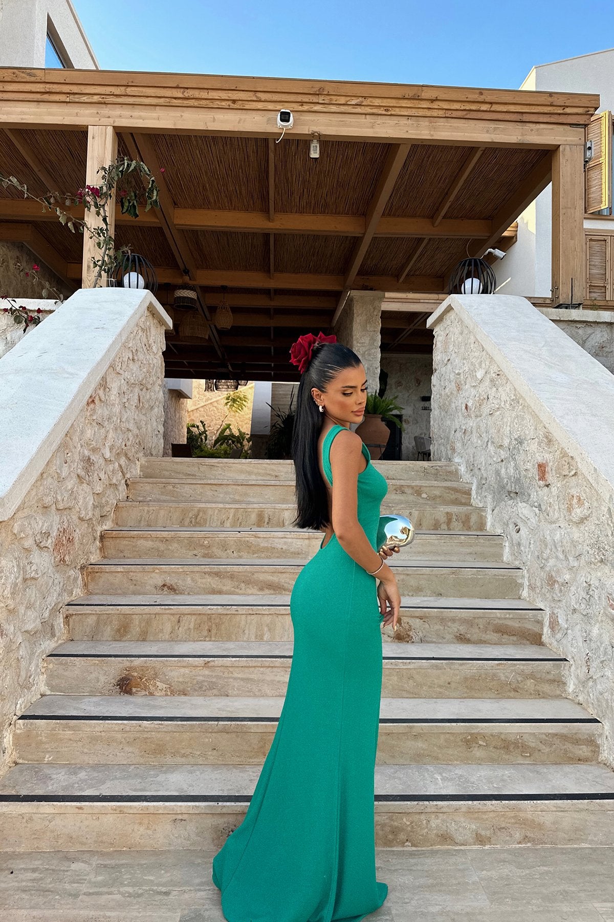 Green Groente Glittery Back Detail Dress ATE-1081