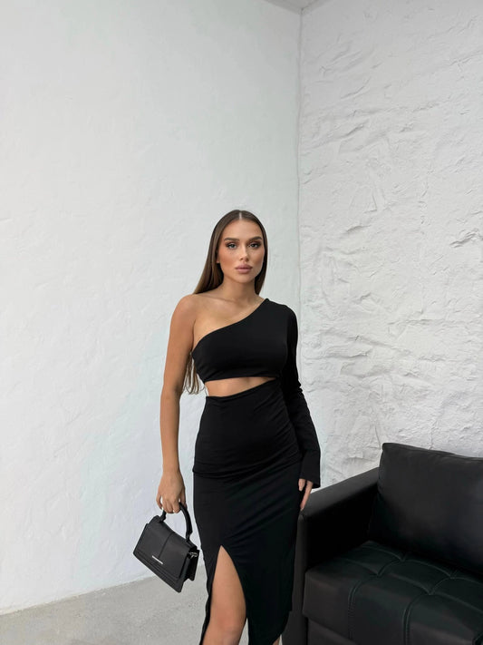 SINGLE SLEEVE SPANISH KOLBEL LOW-COLLETE DETAIL SANDY DRESS BLACK