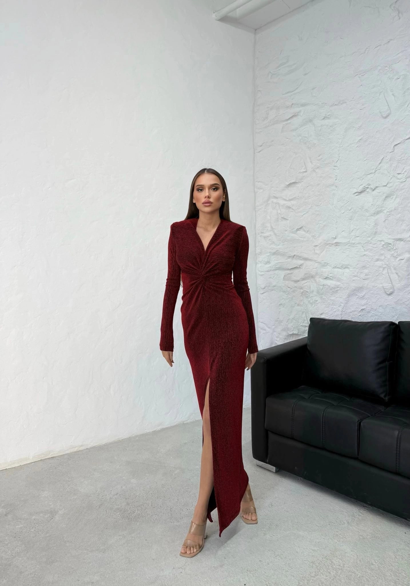 SILVERY FRONT Slit DETAIL LONG DRESS Claret Red