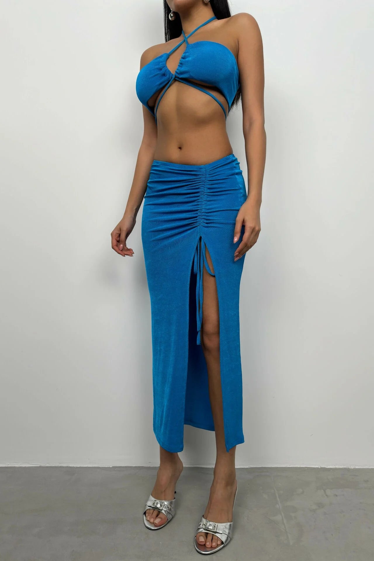 Lace-up Crop Gathered Blue Skirt Set