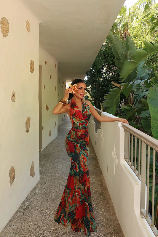 Batik Pattern Strappy Long Dress