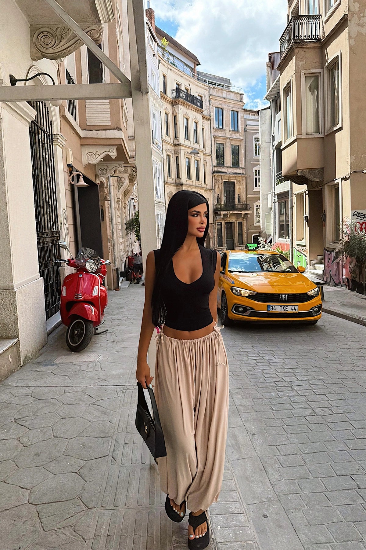 Beige Wide Leg Trousers with Tie ATE-6372