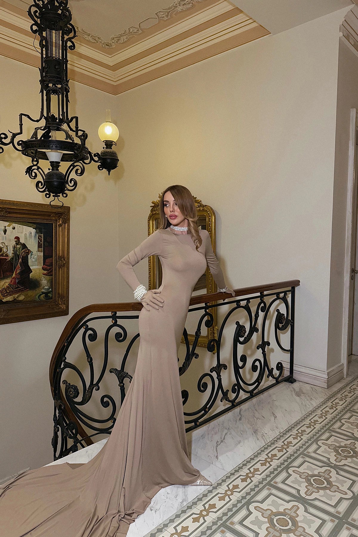 Beige Maria Long Dress with Gloves and Backless Design ATE-2422