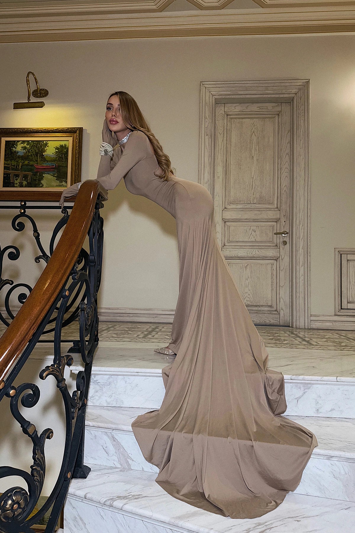 Beige Maria Long Dress with Gloves and Backless Design ATE-2422