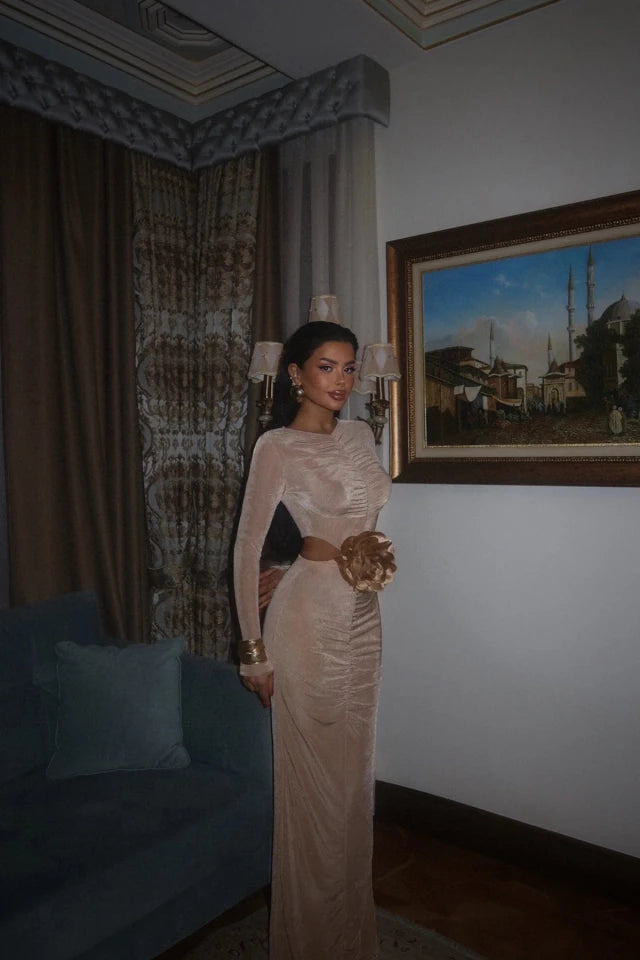 Beige Rose Detail Long Dress ATE-2298