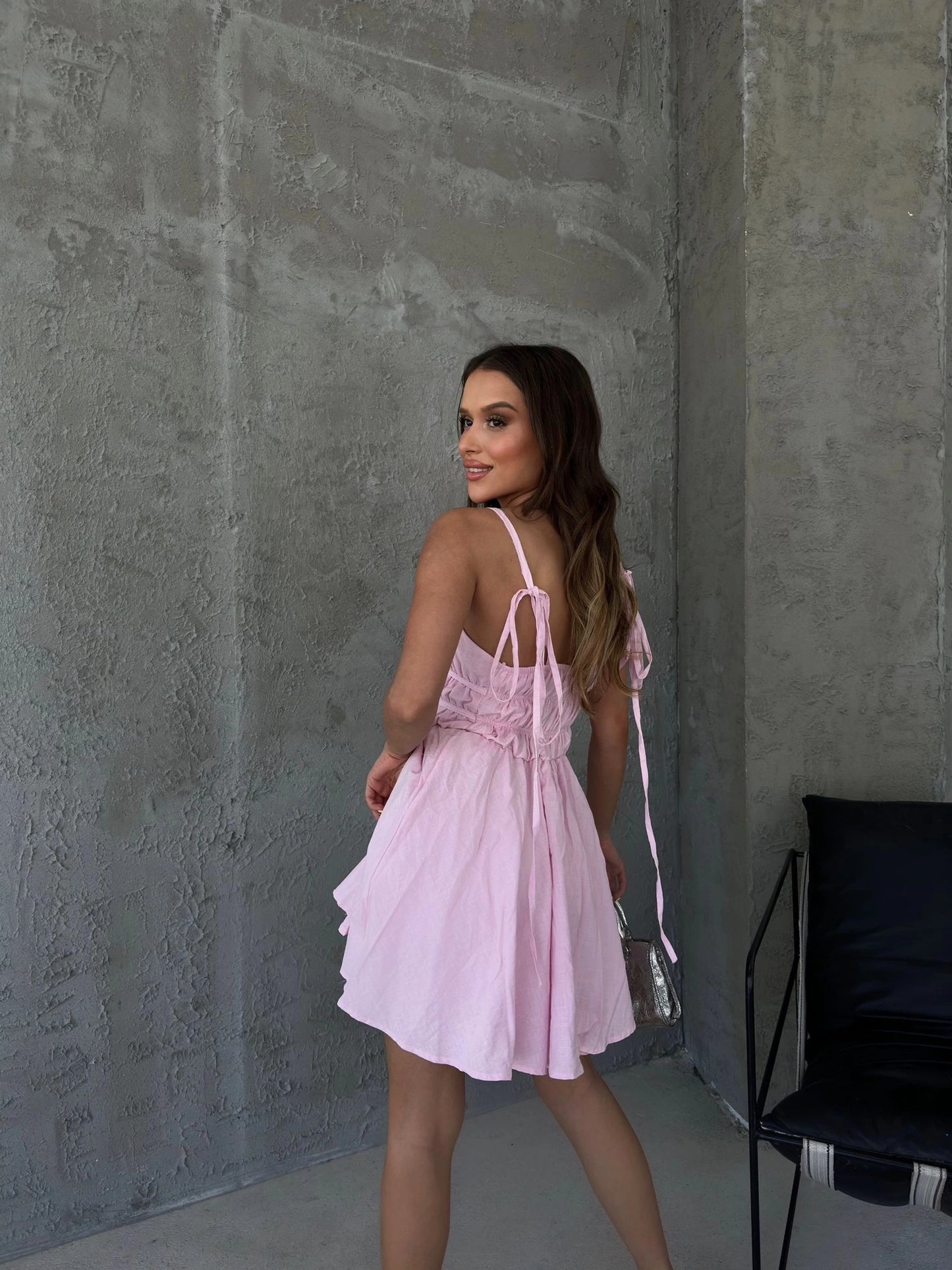 LINEN DRESS WITH WAIST DRESS WITH SUSPENSION PINK
