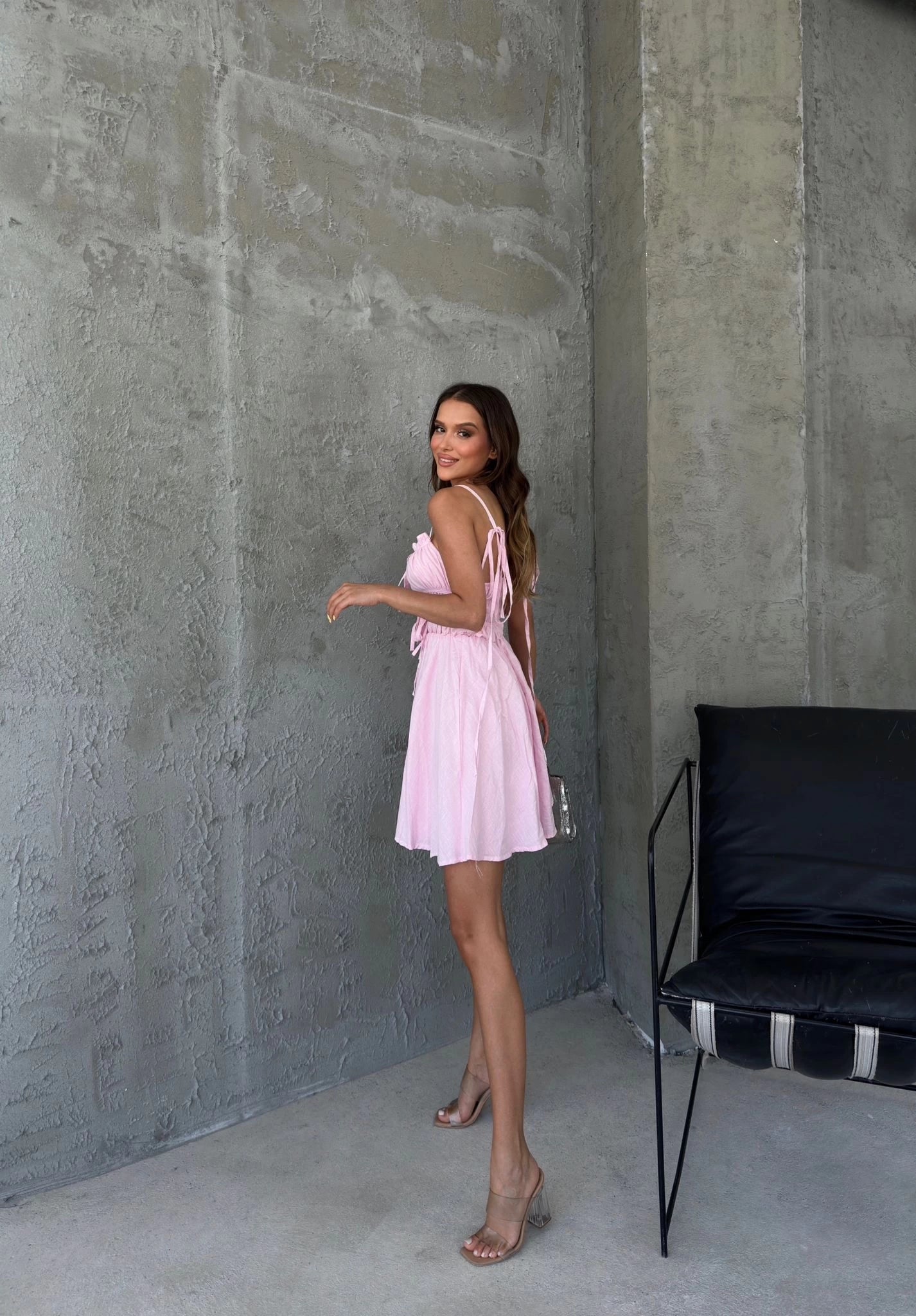 LINEN DRESS WITH WAIST DRESS WITH SUSPENSION PINK