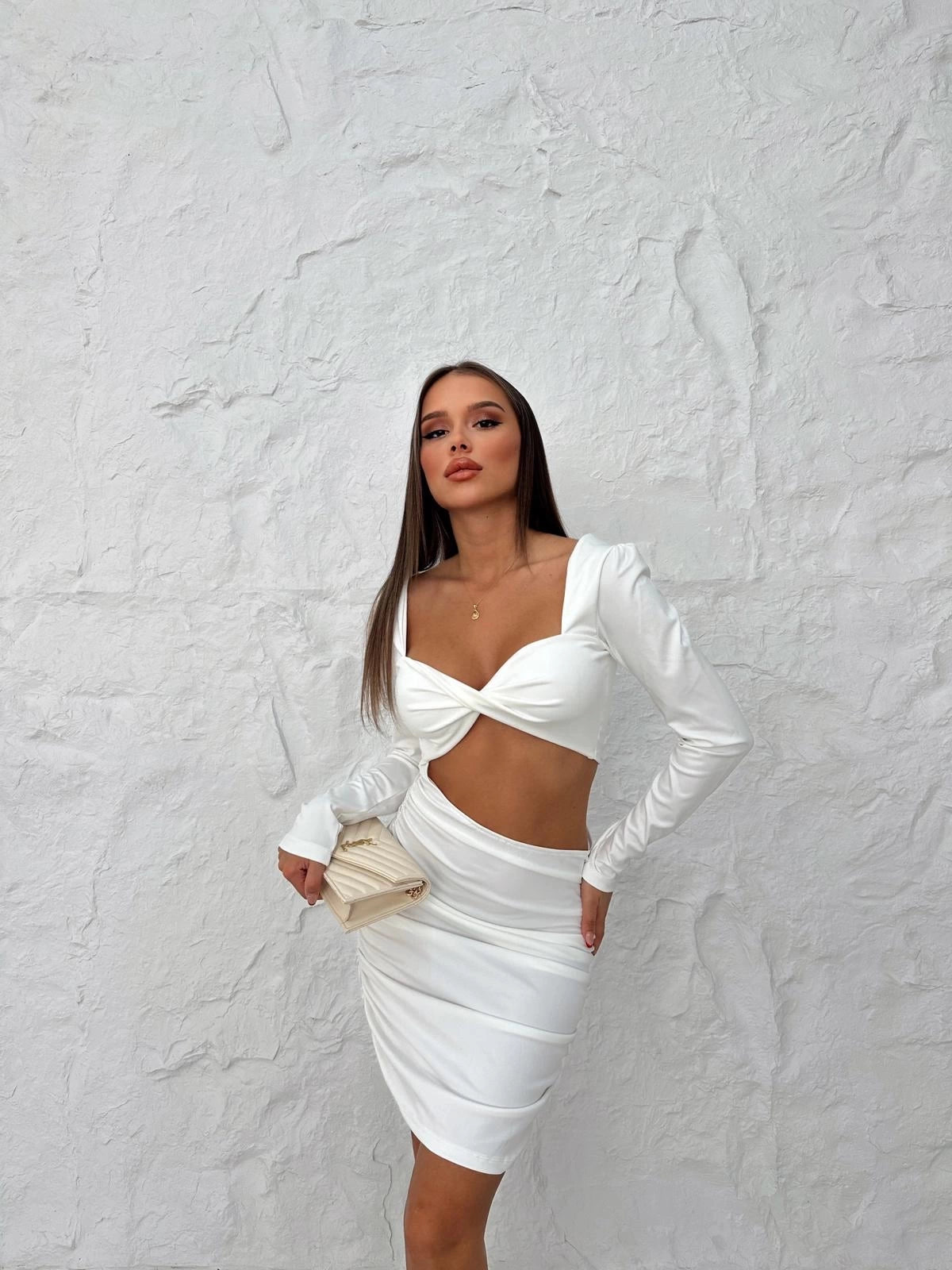 WAIST DECOLLETE DETAIL SANDY DRESS WHITE