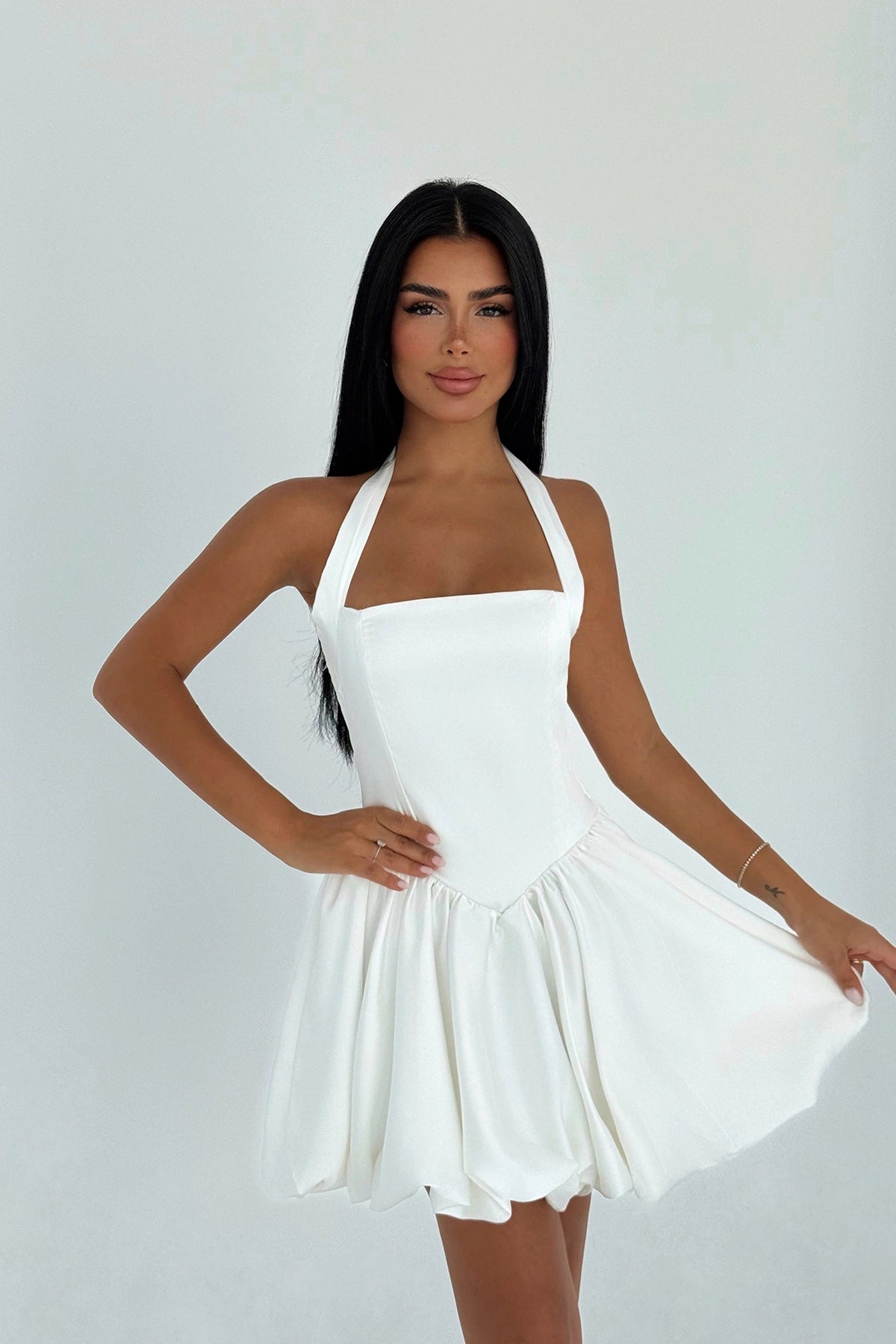 White Estella Mini Skirt with Balloon Hem Dress ATE-3343