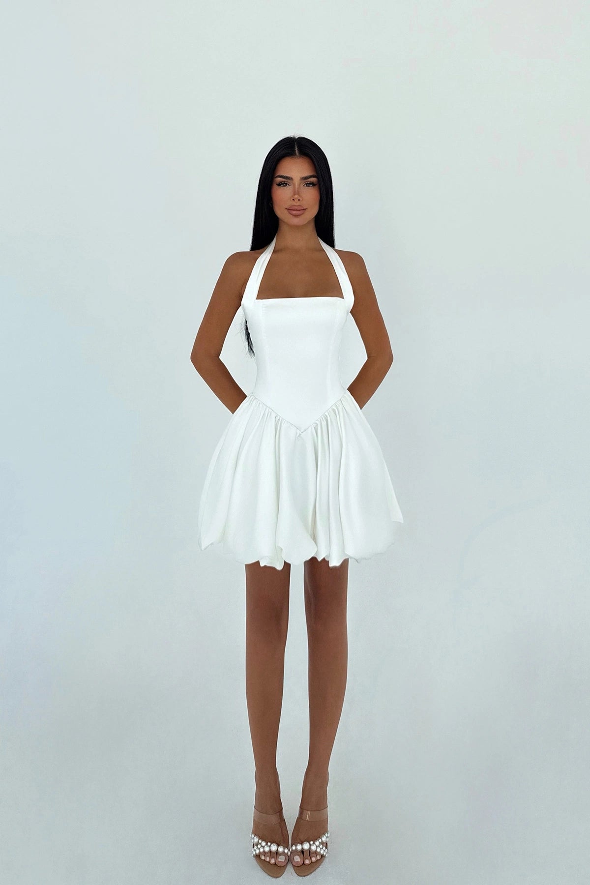 White Estella Mini Skirt with Balloon Hem Dress ATE-3343