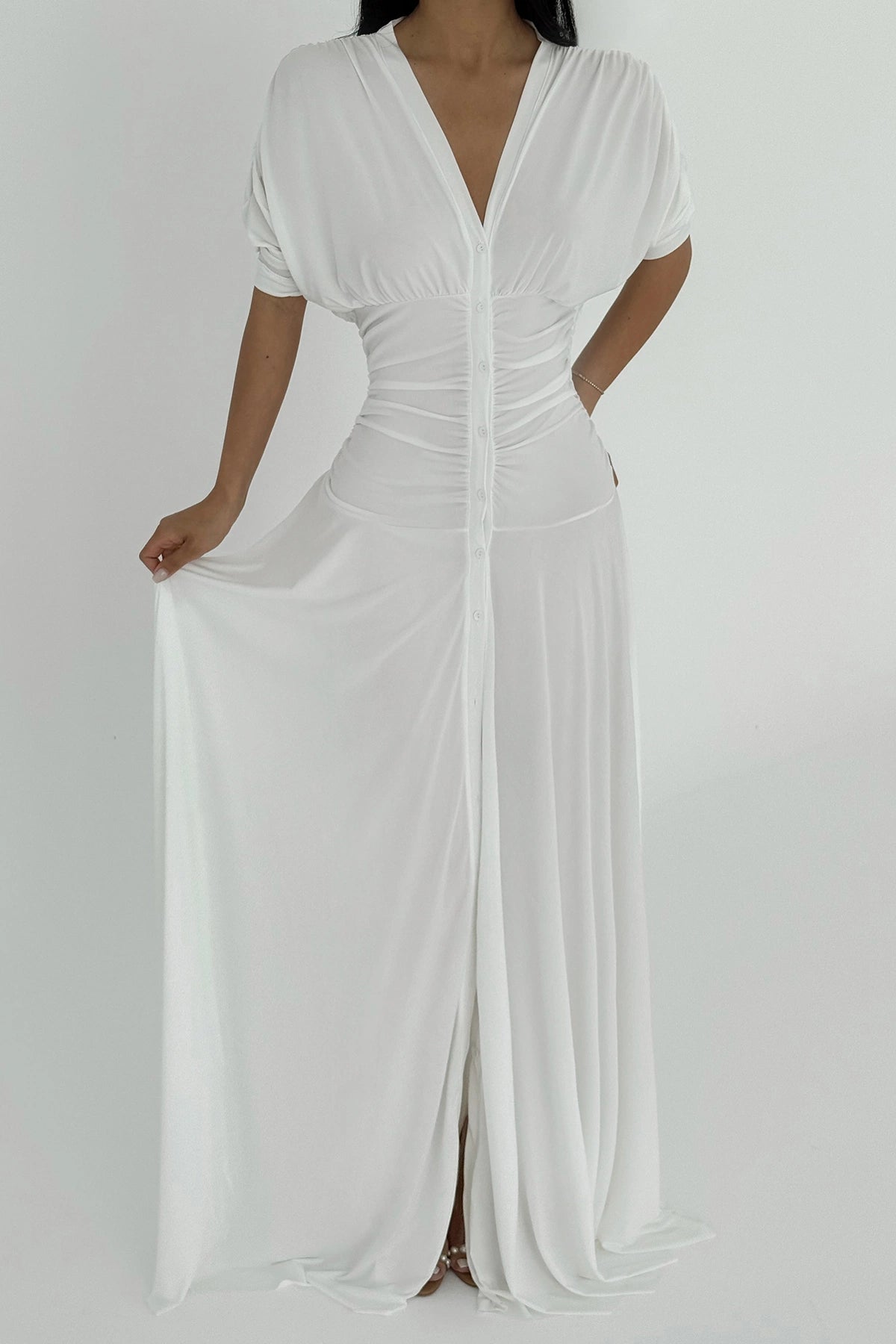 White Eliah Long Buttoned Dress ATE-2591
