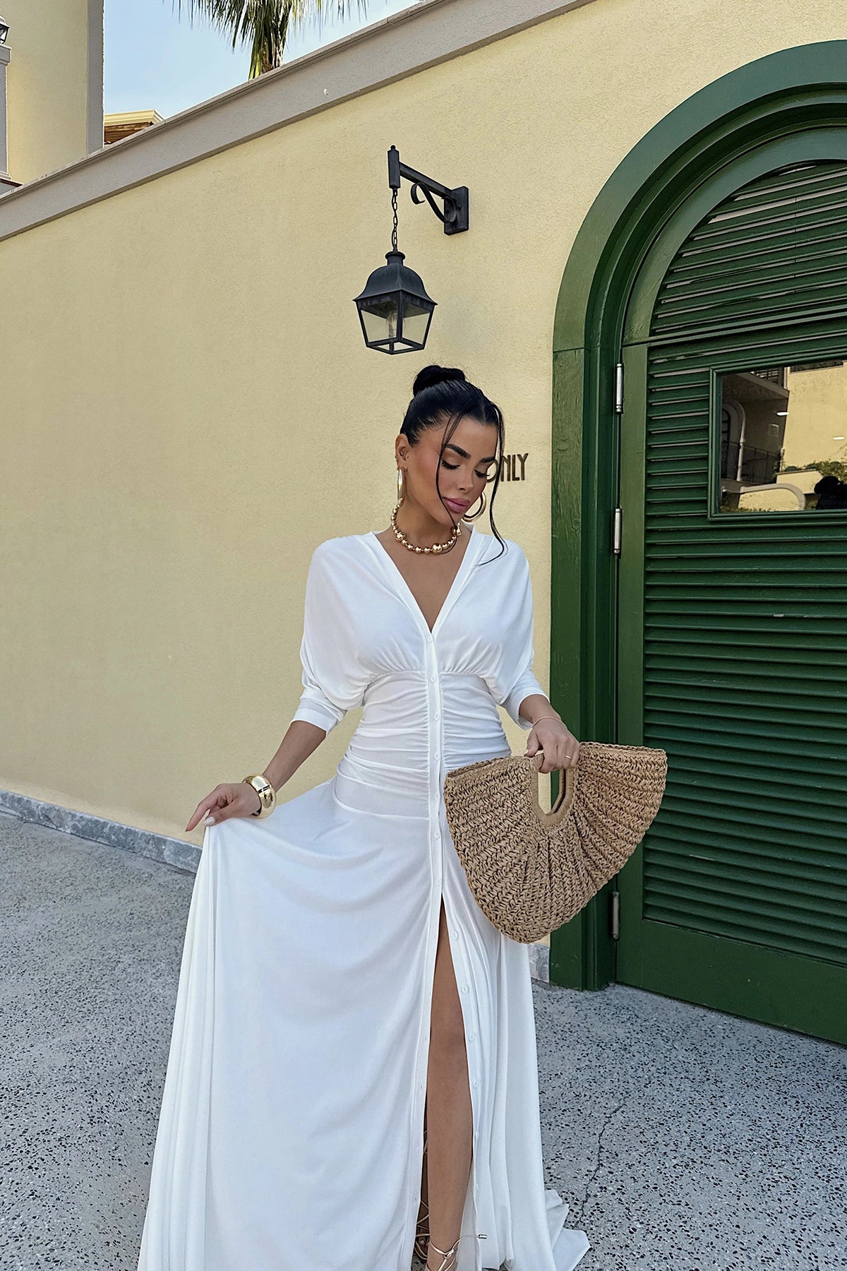 White Eliah Long Buttoned Dress ATE-2591
