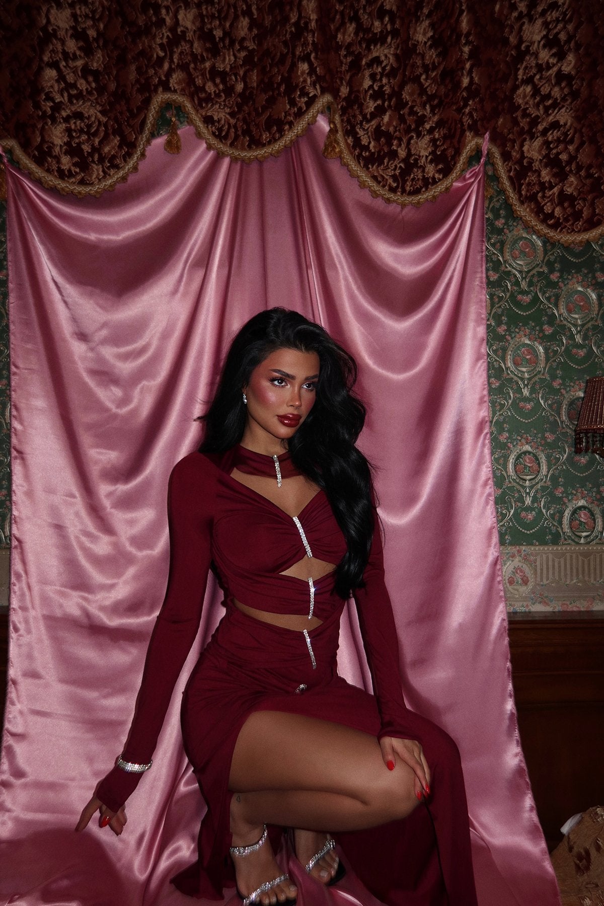 Claret Red Olesia Stone Detailed Long Dress ATE-2326