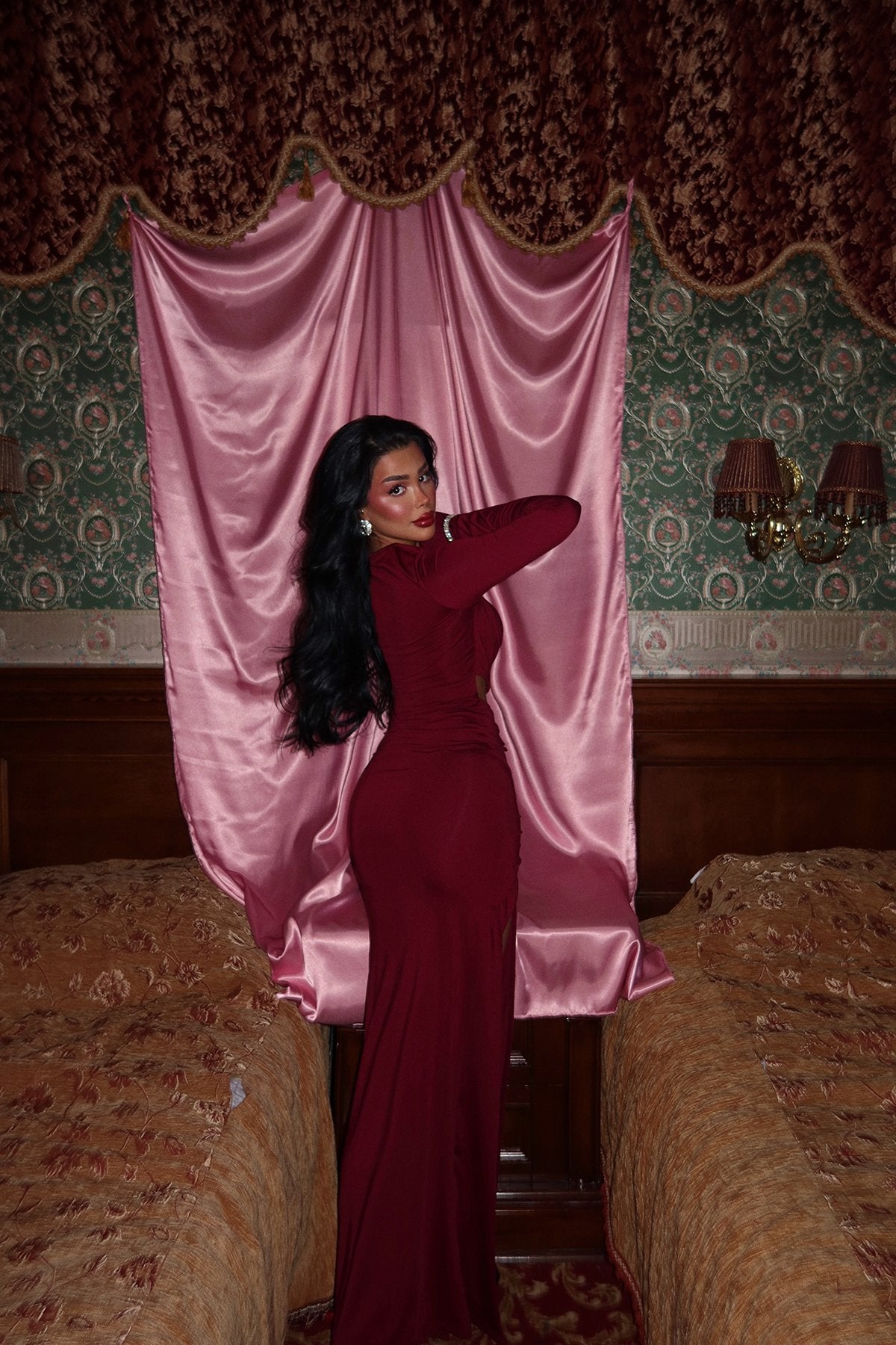 Claret Red Olesia Stone Detailed Long Dress ATE-2326