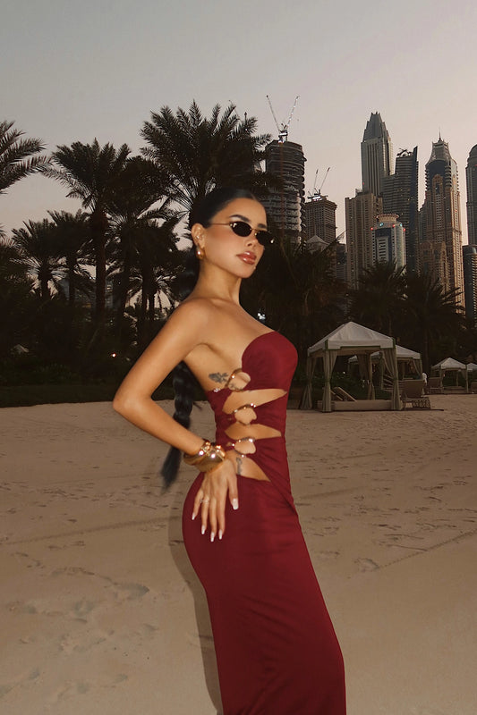 Burgundy Oleander Long Dress with Side Accessory Detail ATE-4697
