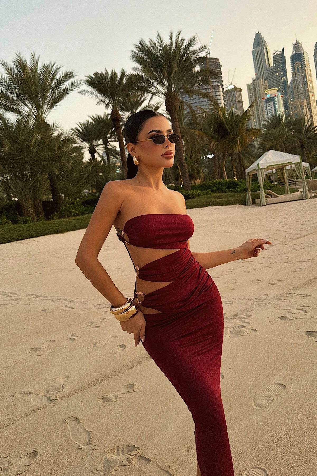 Burgundy Oleander Long Dress with Side Accessory Detail ATE-4697