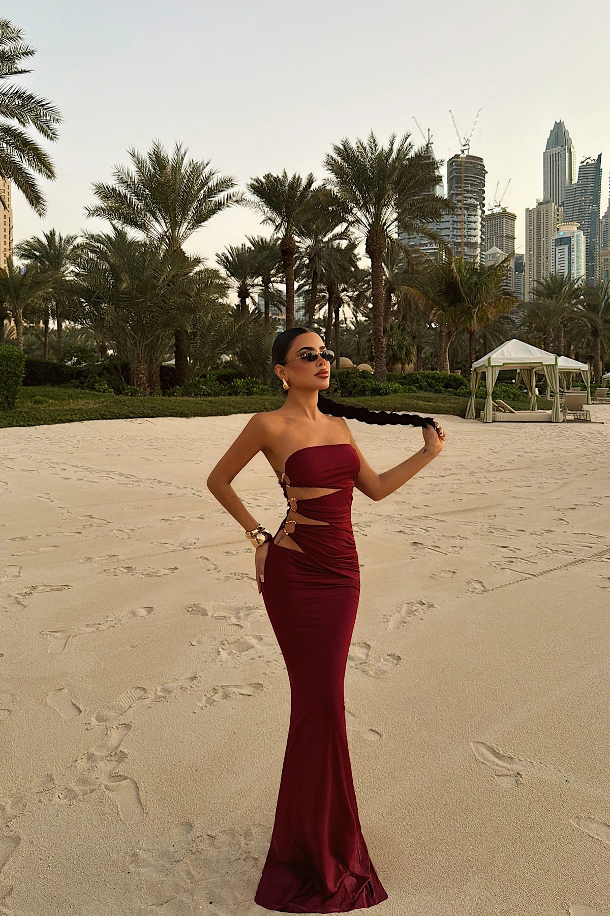 Burgundy Oleander Long Dress with Side Accessory Detail ATE-4697